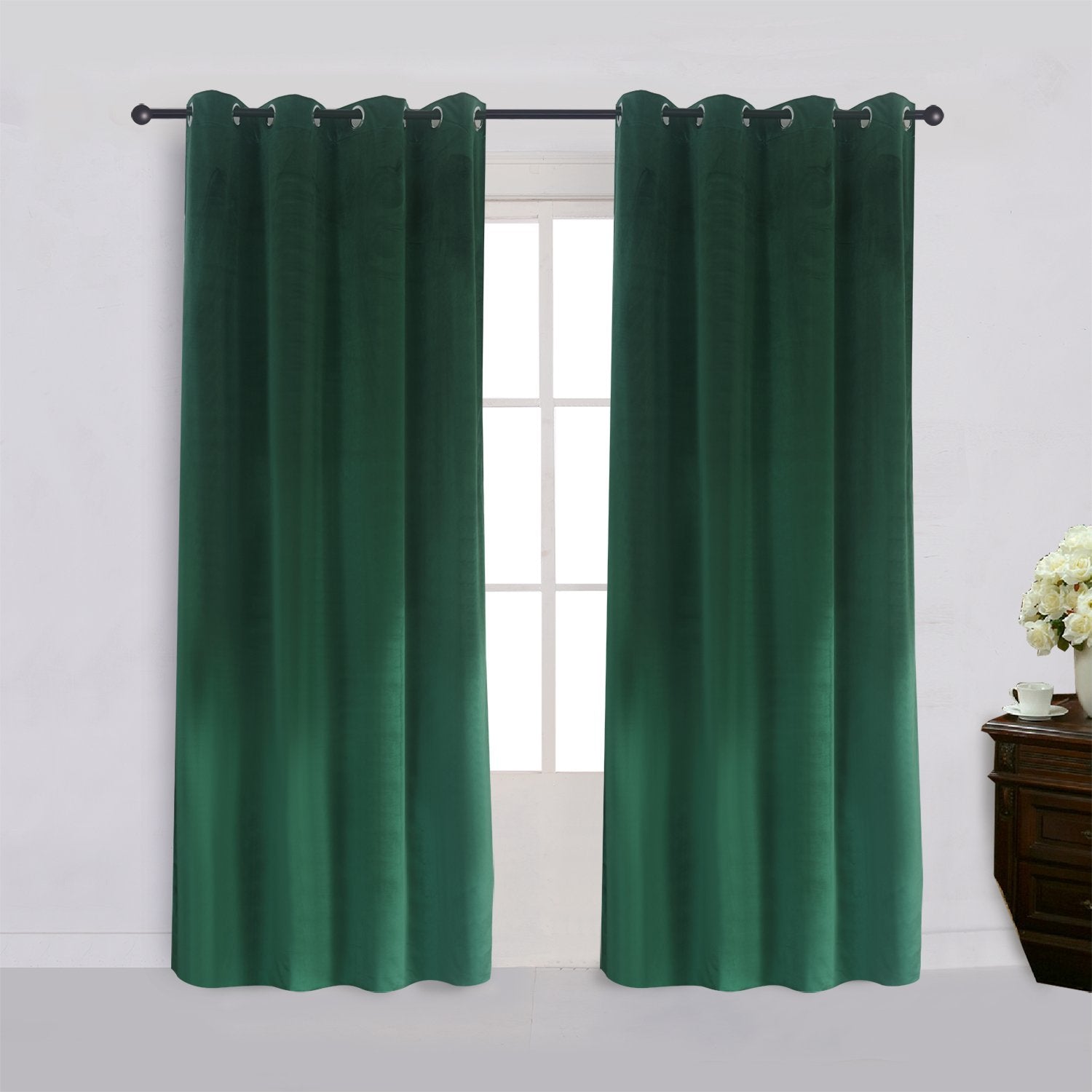 Super Soft Signature Velvet Curtains Set Of 2 Dark-Green Classic Blackout Panels Home Theater Grommet Drapes Eyelet 52Wx84L-Inch