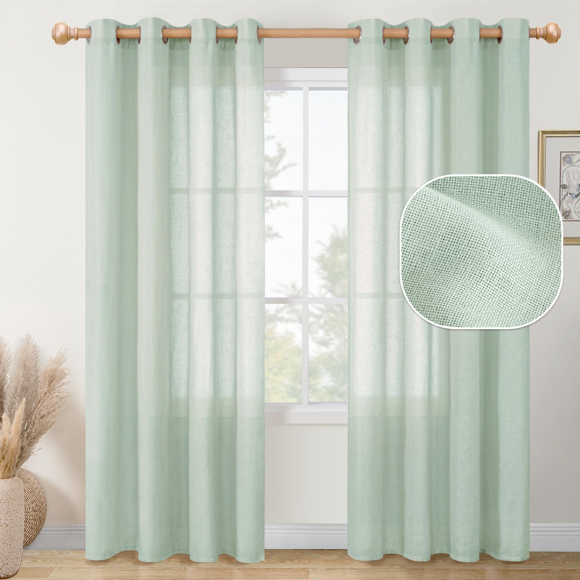 Youngstex Light Sage Linen Sheer Curtains 84 Inches Length For Living Room Light Filtering Textured Drapes Lightweight Window Cu