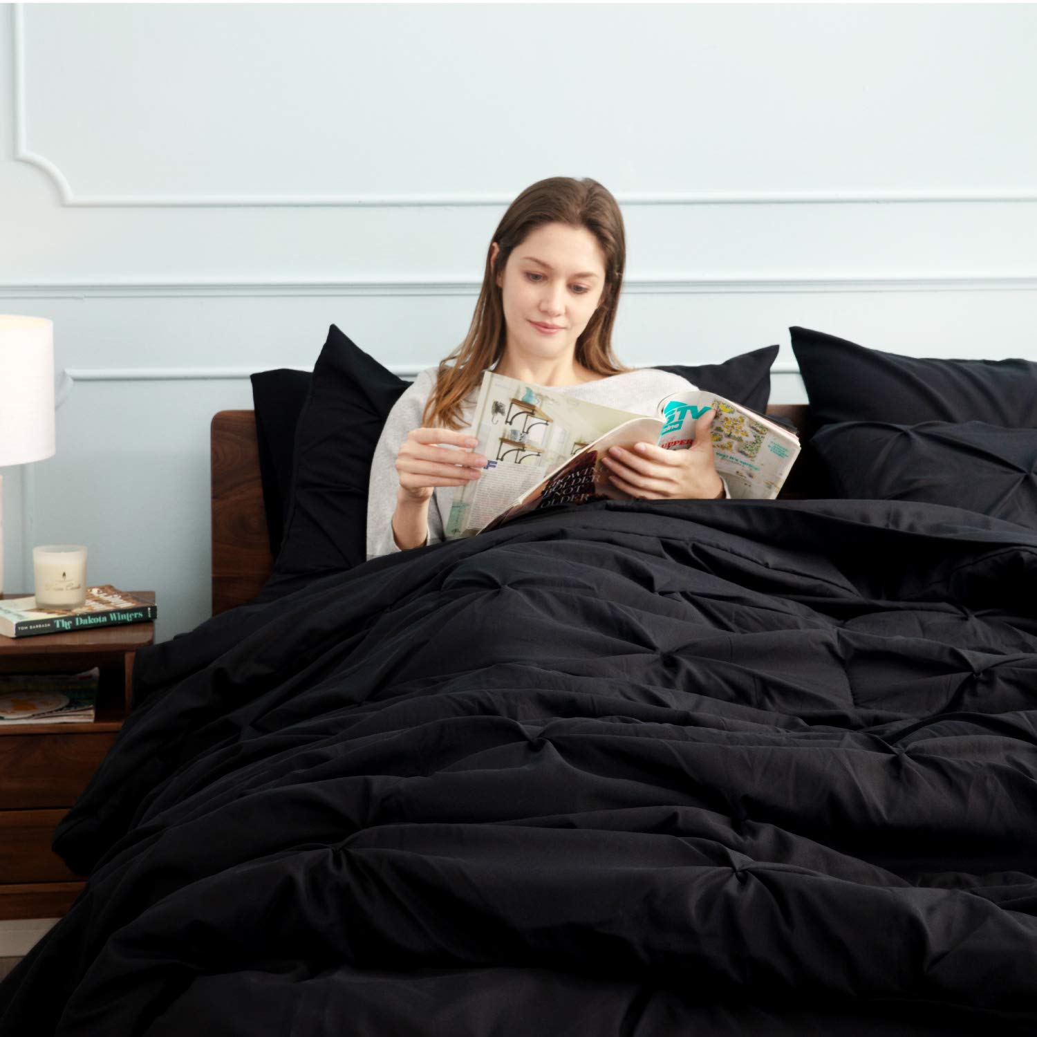 Bedsure California King Comforter Set - Cal King Bed Set 7 Pieces, Pinch Pleat Black Cali King Bedding Set With Comforter, Sheet