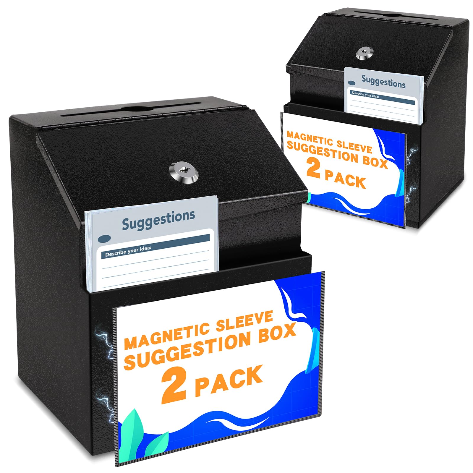 Linsiron Magnetic Suggestion Box With Magnetic Sleeve 2 Pack,The Suggestion Box With Lock And 50 Free Suggestion Cards ,Black Me