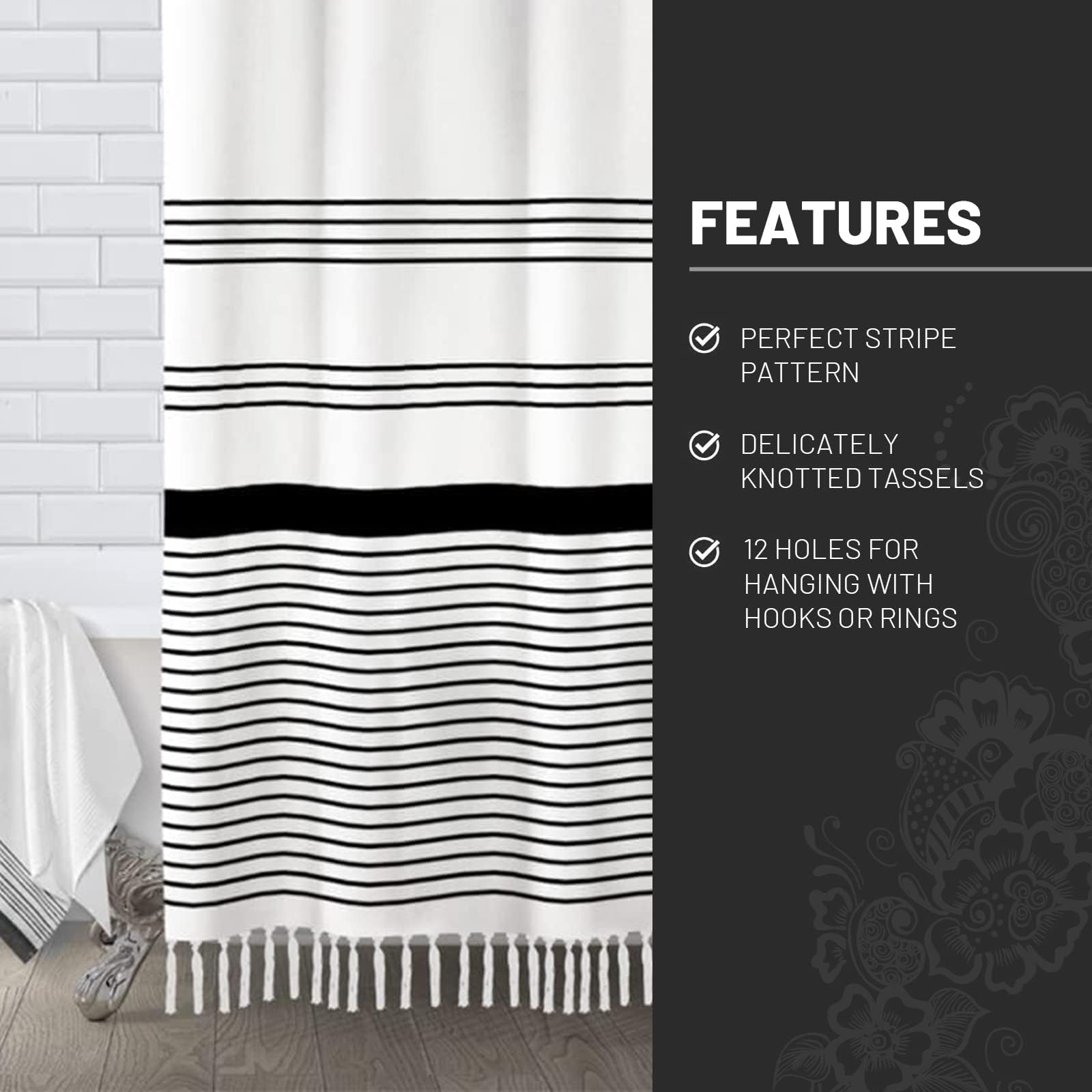 Awellife Boho Black Shower Curtain For Bathroom Farmhouse Natural Linen Stripe Tassel Shower Curtain (Black 1A, 72' L X 36' W)