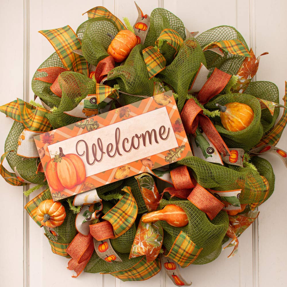 Rustic Pumpkin Fall Welcome Sign - 12.5 X 6', Autumn Front Door Decor, Argyle Background, Falling Leaves, Halloween, Thanksgivi