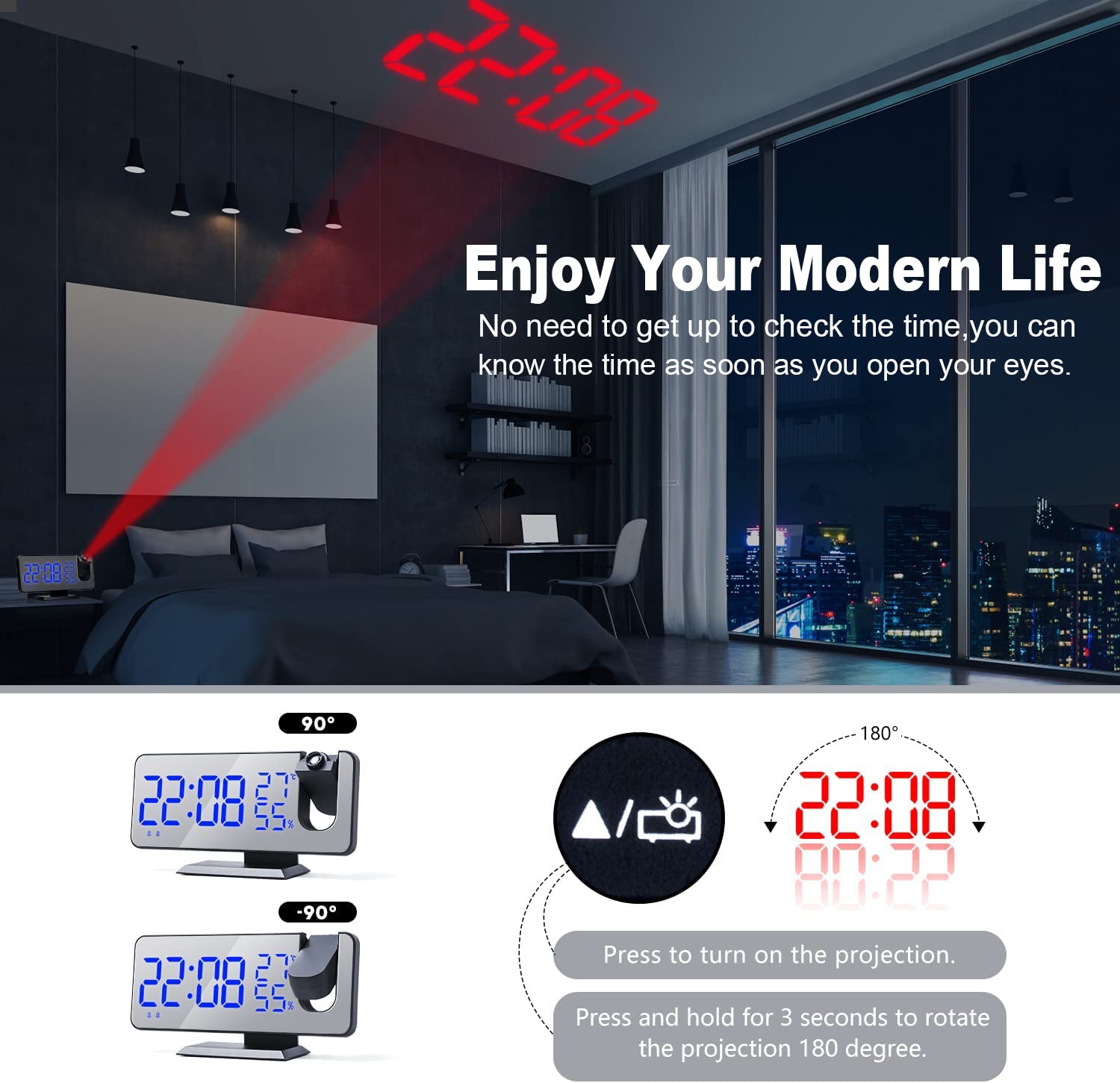 Projection Digital Alarm Clock For Bedrooms, Radio Alarm Clock On Ceiling, Usb Charger Port, Temperature & Humidity Display, 7.3