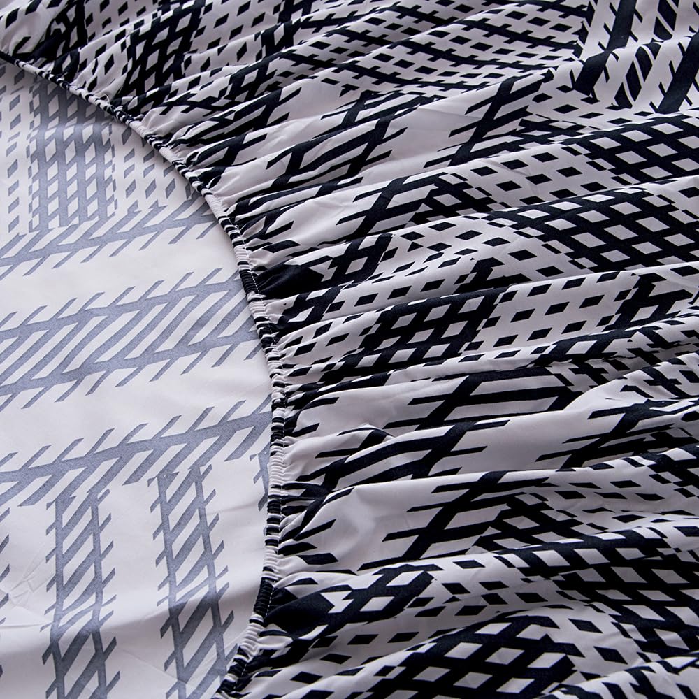 Naturety Bedding Fitted Sheet With Deep Pocket,Modern Design Black Plaid Printed Thicken Fabric Bed Sheets (Black Checkered, Twin)
