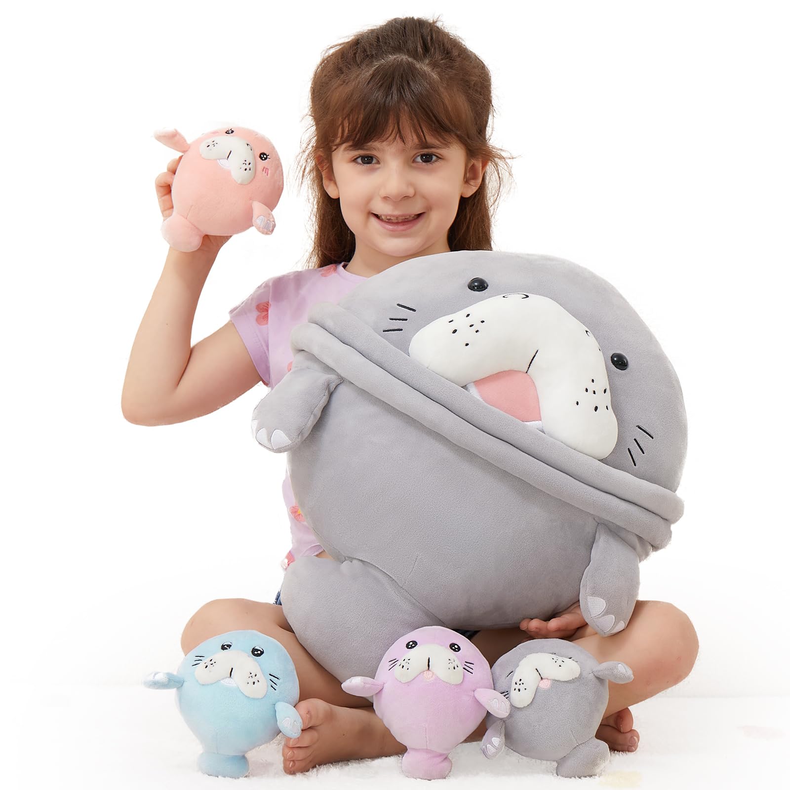 Morismos Manatee Stuffed Animal Plush With Baby Manatees - Large Sea Cow Toys,Soft Stuffed Manatee Hugging Pillow For Kids Adult