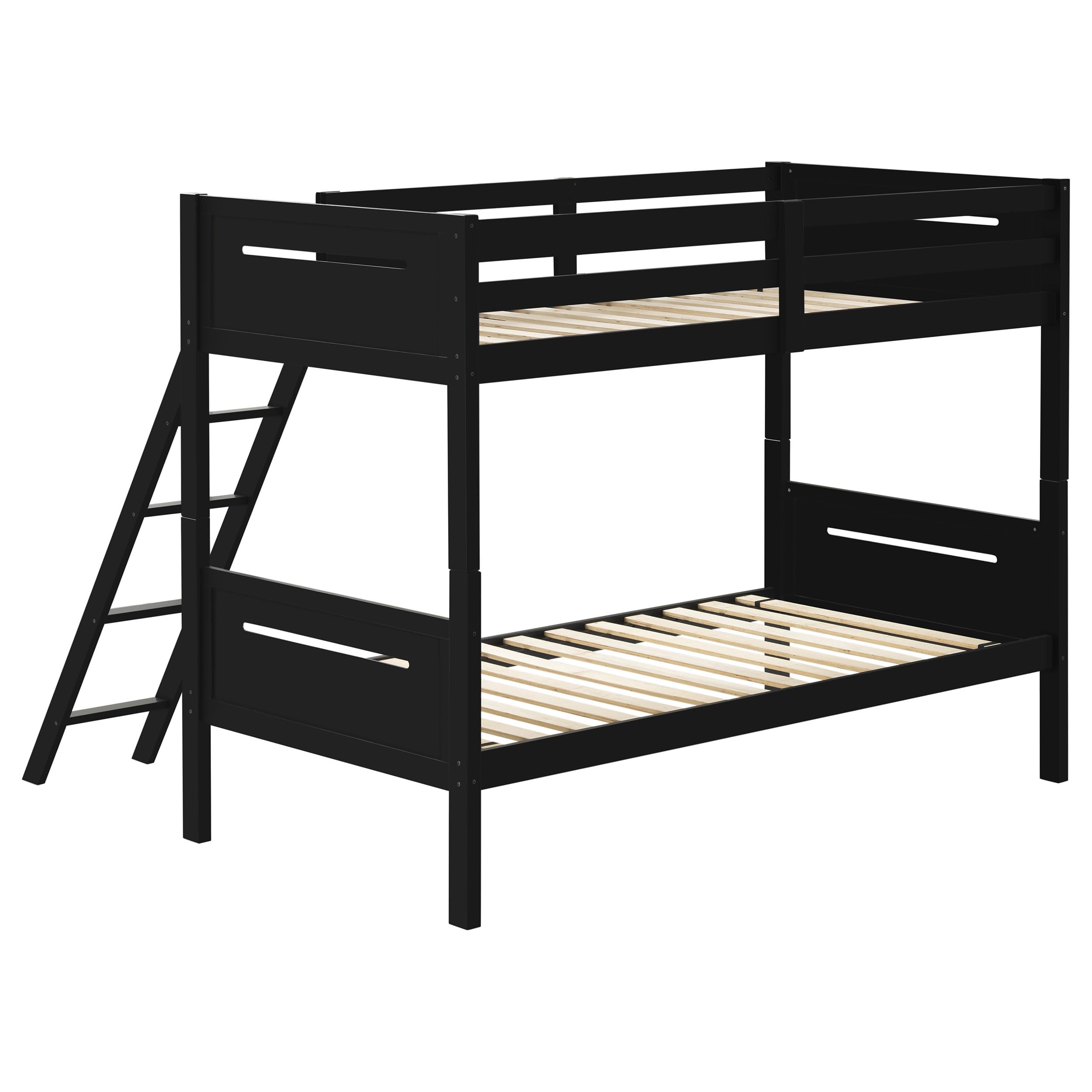 Coaster Home Furnishings Littleton Transitional Wood Twin Over Twin Size Bunk Bed Frame with Ladder and Guardrails Fully Slatted Mattress Ready Foundation Black 405051BLK