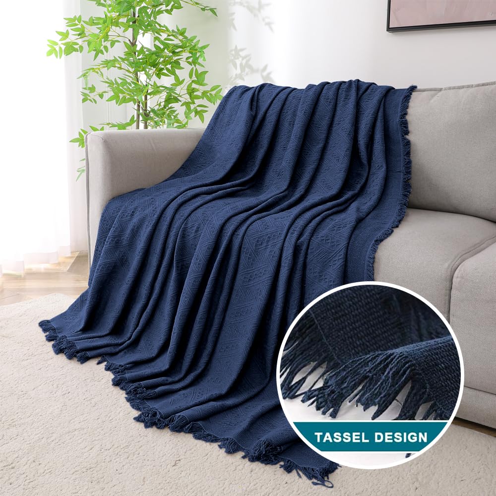 Turquoize Cotton Xx-Large Blanket, Navy, 91'X134', Jacquard Weave, Geometrical Pattern, Tassel Embellishment, Durable, Heavyweig