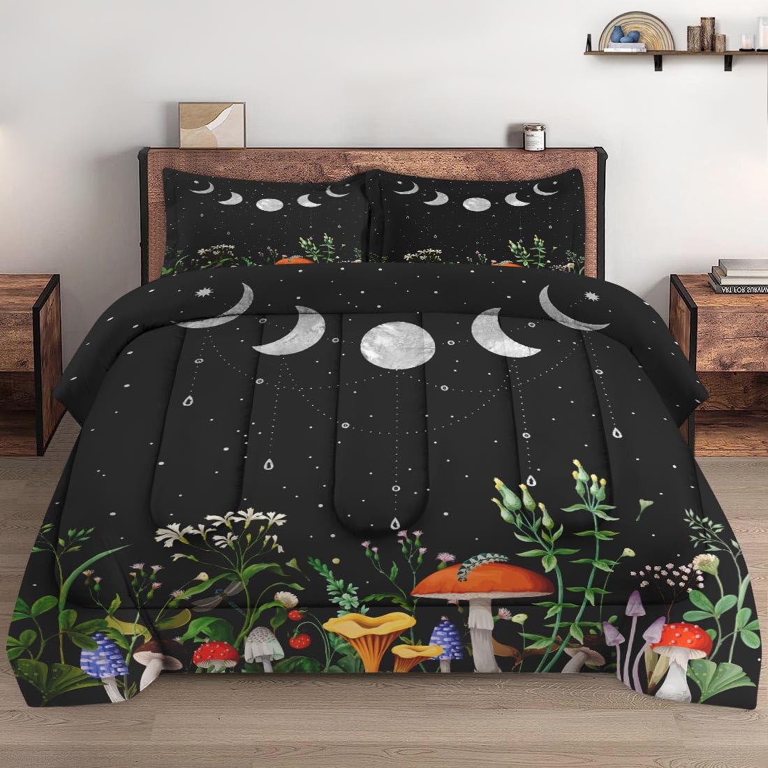 Wecozy 2 Pcs Comforter Set Twin Size With Pillowcase, Mushroom Plant Floral Bedding Set For Kids And Adults, Flower Summer Moon
