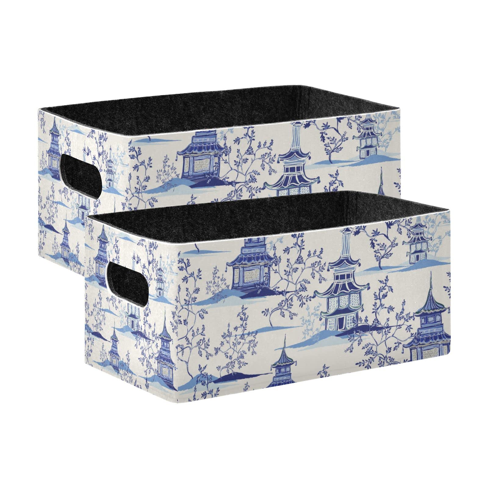 Kcldeci Retro Ink Chinese Pagodas Mountains Trees Storage Bins Baskets for Organizing 2Pack, Sturdy Storage Basket Foldable Stor