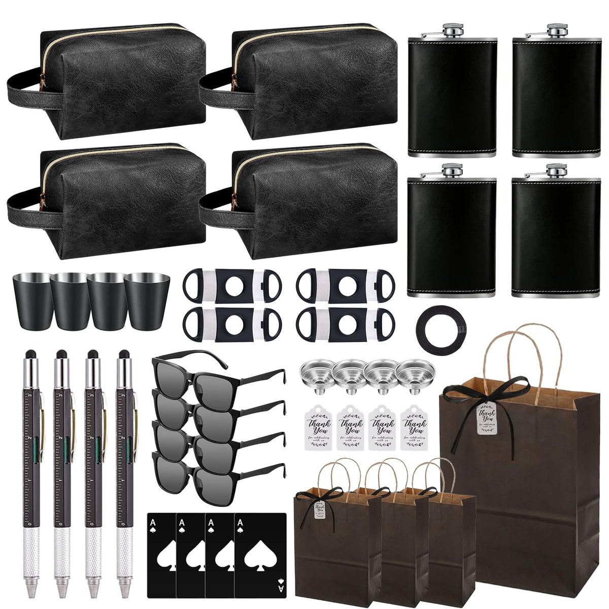 Baby Shower Prizes for Men 6 Set with PU Leather Toiletry Bags Stainless Steel Hip Flask with Funnel Sunglasses Gift Bag Baby Sh