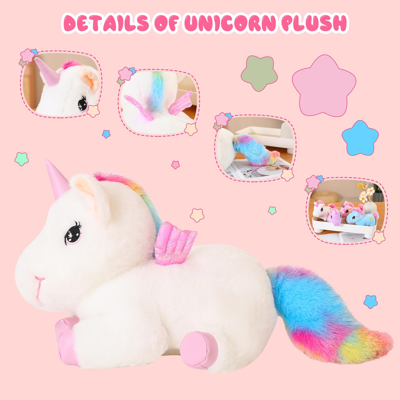 Sqeqe Cute Unicorn Stuffed Animals With 4 Babies In Her Tummy, Rainbow Flying Unicorn Plush Pillow Toy With Wings, Unicorn Gifts
