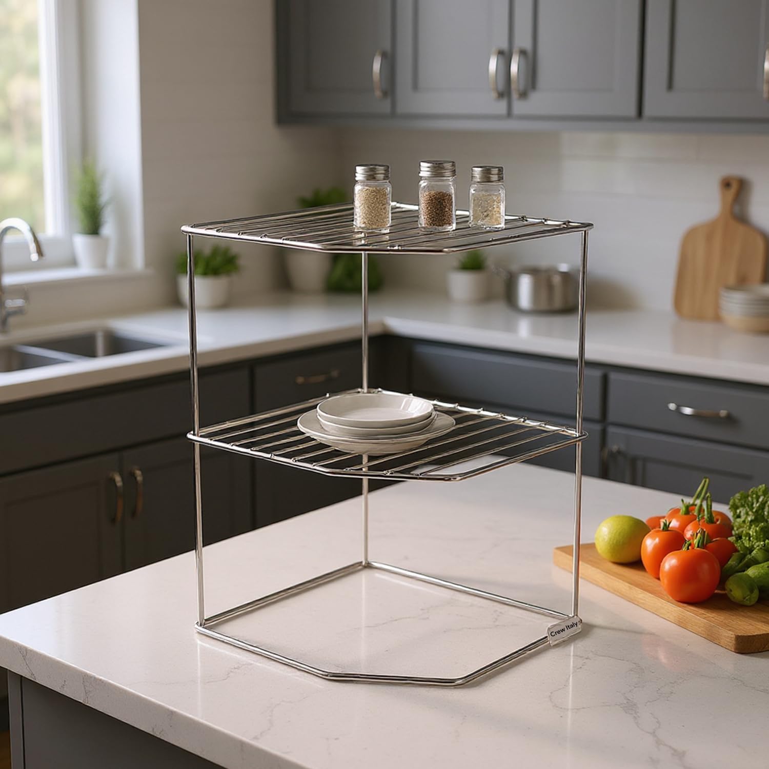 Crew Italy 2Tier Stainless Steel Corner Shelf | Multipurpose Storage Rack For Kitchen And Bathroom | Free Standing Organizer St