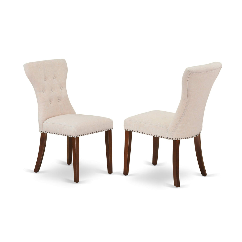 East West Furniture Esga3-Mah-32 3 Piece Dining Table Set For Small Spaces Contains A Round Wooden Table With Pedestal And 2 Light Beige Linen Fabric Parson Chairs, 30X30 Inch, Mahogany