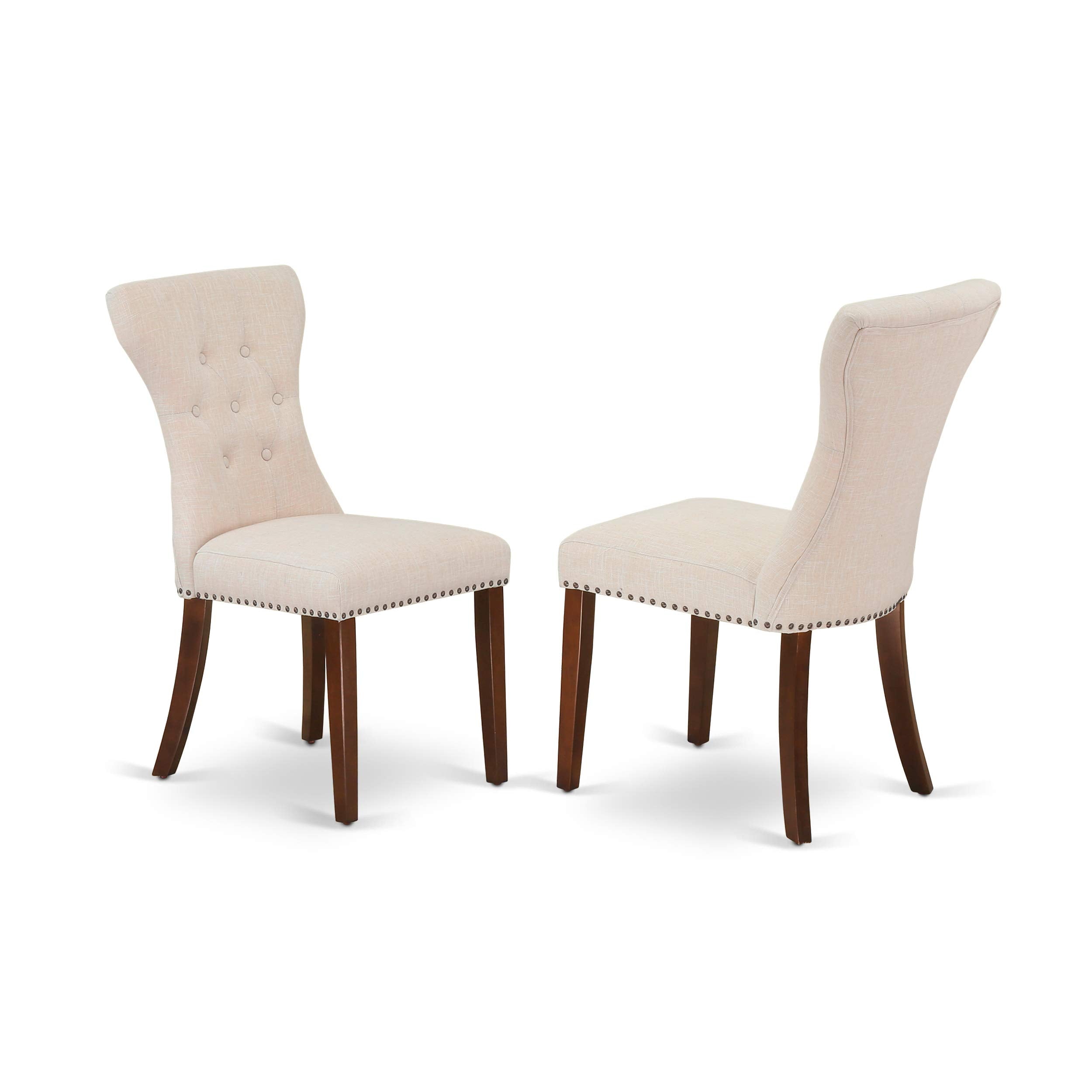 East West Furniture Esga3-Mah-32 3 Piece Dining Table Set For Small Spaces Contains A Round Wooden Table With Pedestal And 2 Light Beige Linen Fabric Parson Chairs, 30X30 Inch, Mahogany