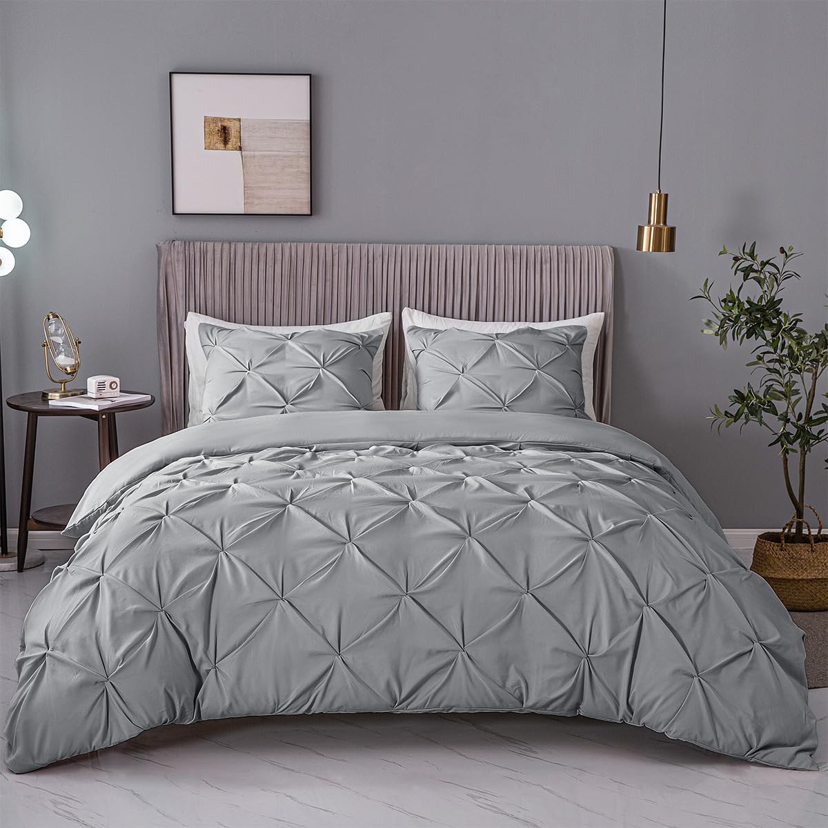 ASHLEYRIVER Pintuck Duvet Cover Full Size with Zipper & Corner Ties 100% 120 g Microfiber White Duvet Cover Set(Full Grey)