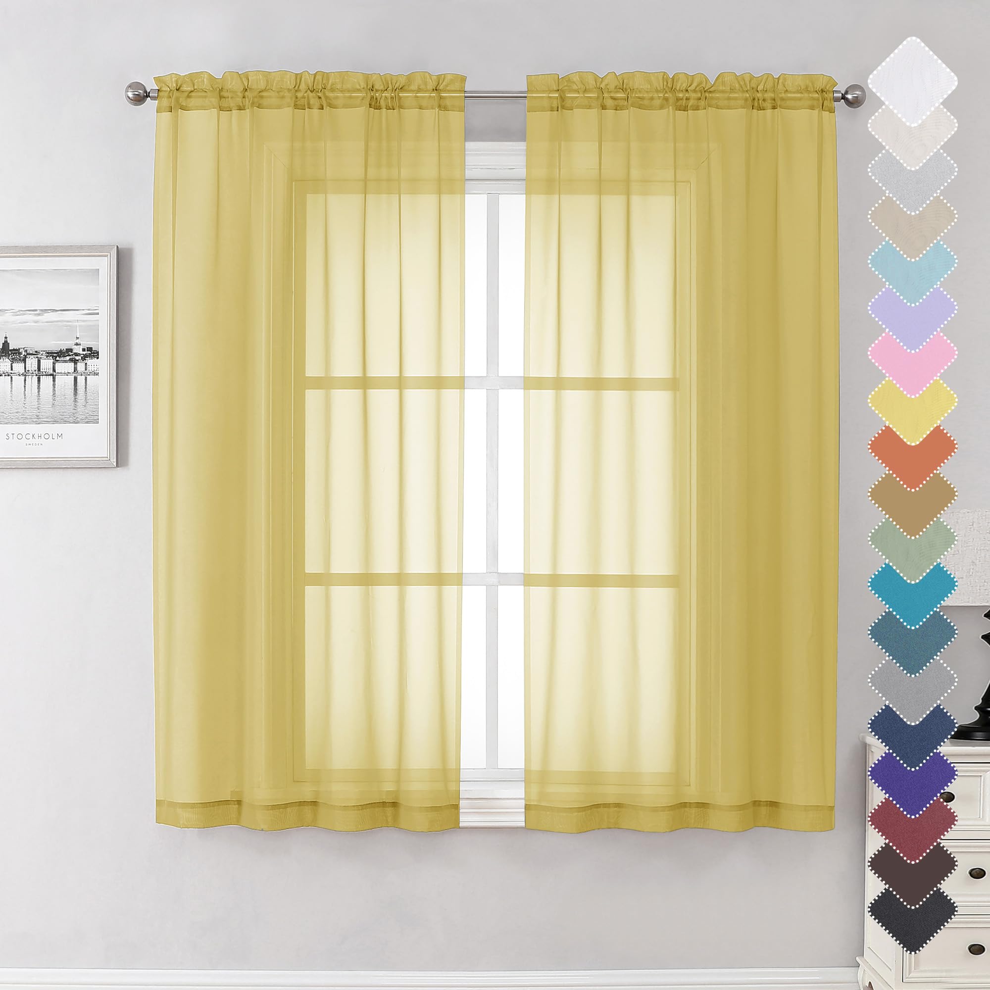 Sheer Curtains 63 Inches Length 2 Panels, Light Filtering Voile Curtain Drapes For Kitchen Bedroom Windows, Dual Rod Pocket Livi