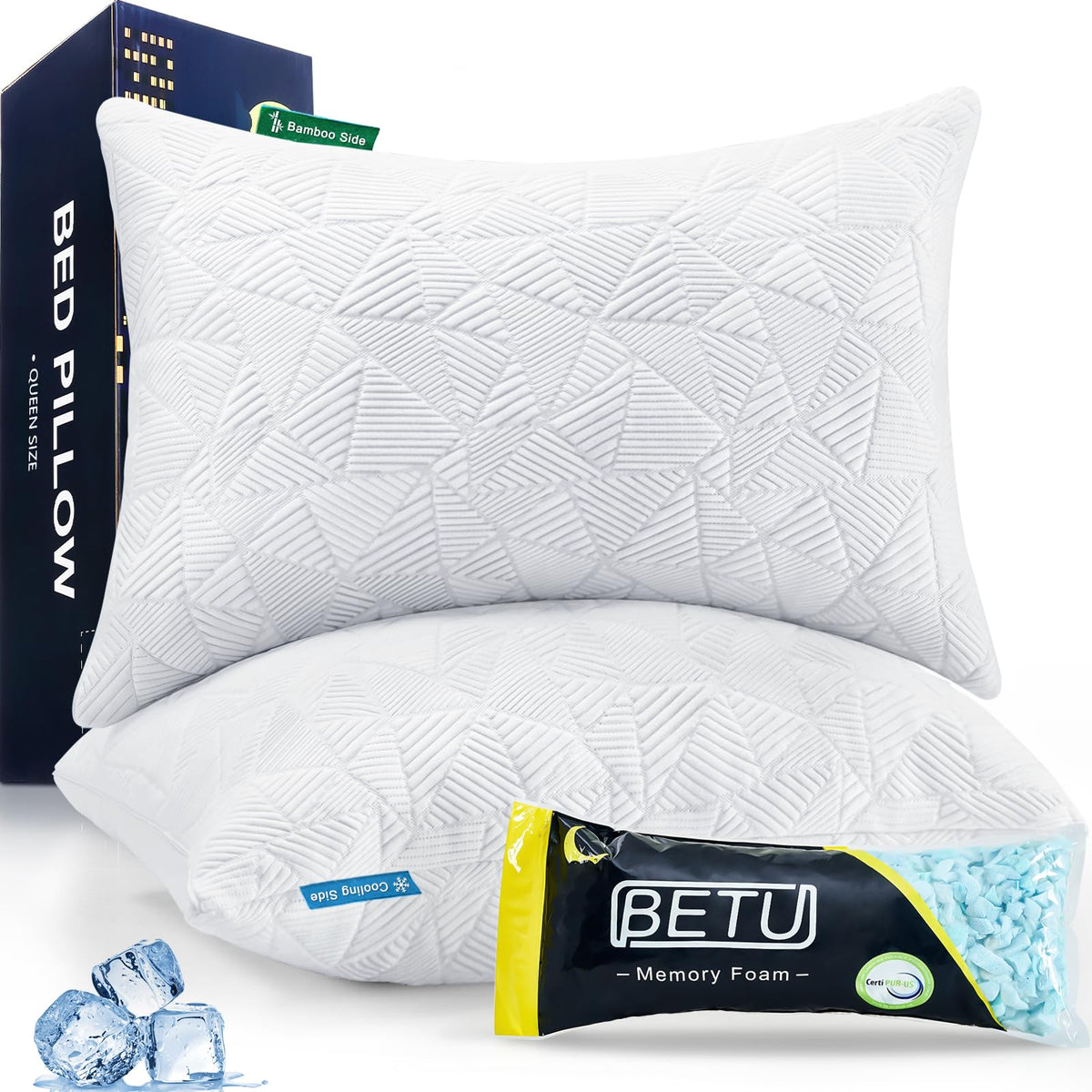 Betu Cooling Pillows Queen Size Set Of 2, Shredded Memory Foam Cool Pillows For Hot Sleepers, Adjustable Firm Soft Support Bed P