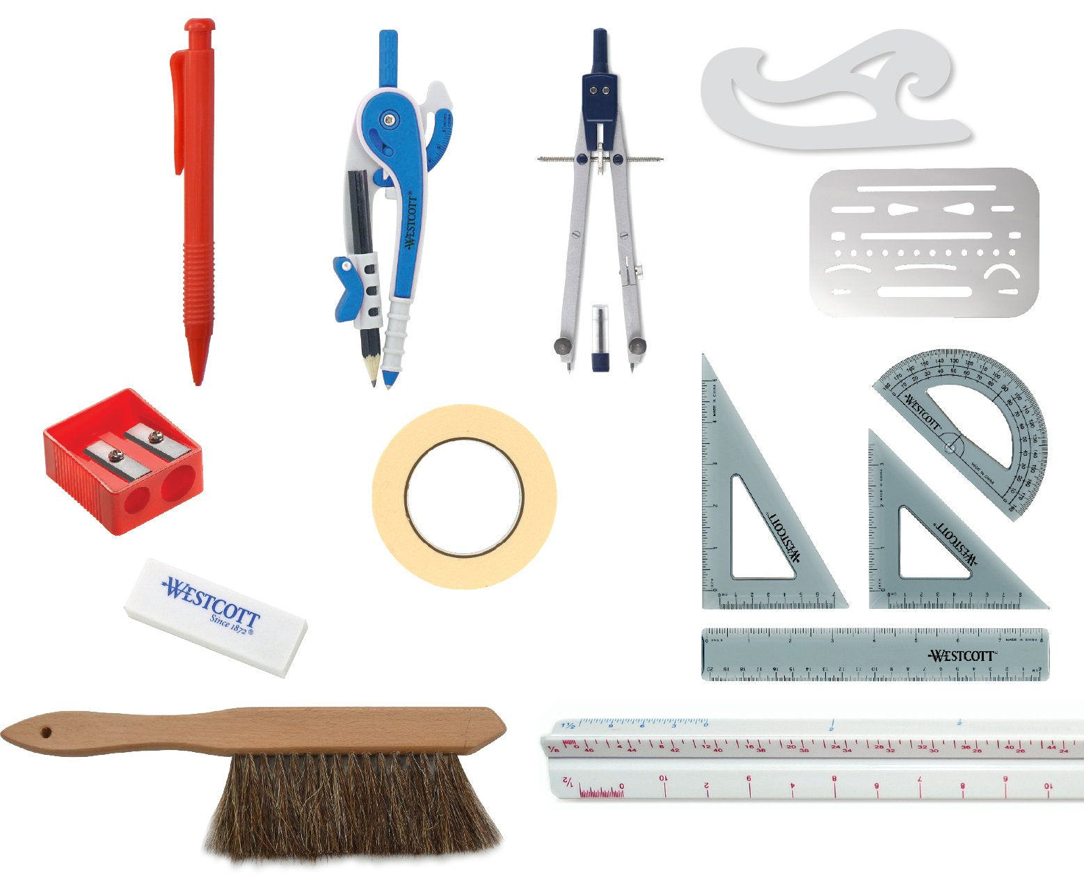 Westcott 16367 15-Piece Architectural Drafting And Drawingtool Set For Math And Geometry, Engineering Students