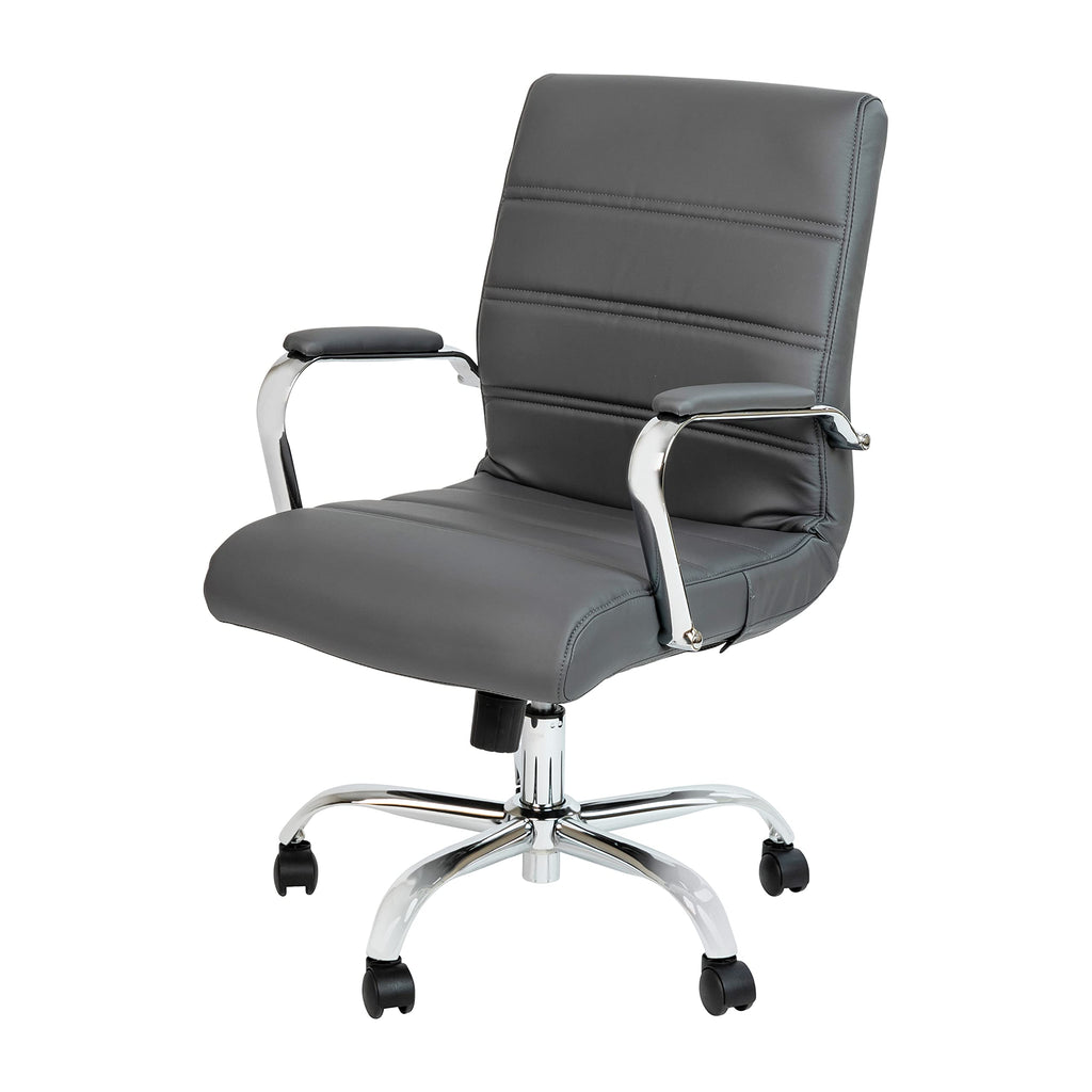 Flash Furniture Whitney Mid-Back Swivel LeatherSoft Desk Chair with Padded Seat and Armrests, Adjustable Height Padded Office Chair, Gray/Chrome