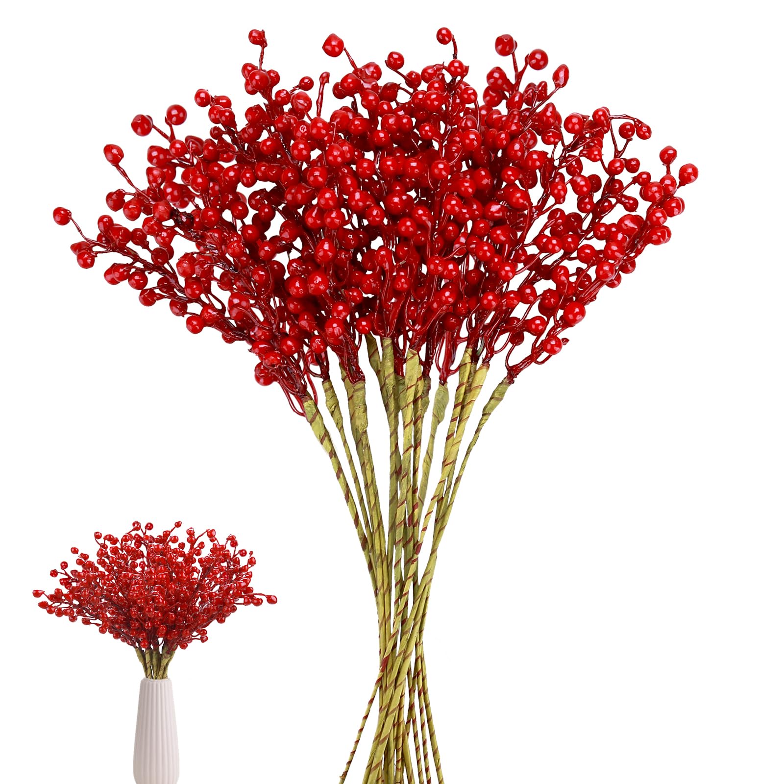 Megoogo 16 Pack Artificial Red Berry Stems Holly for Christmas Tree Decorations for Crafts, Holiday and Home Decor