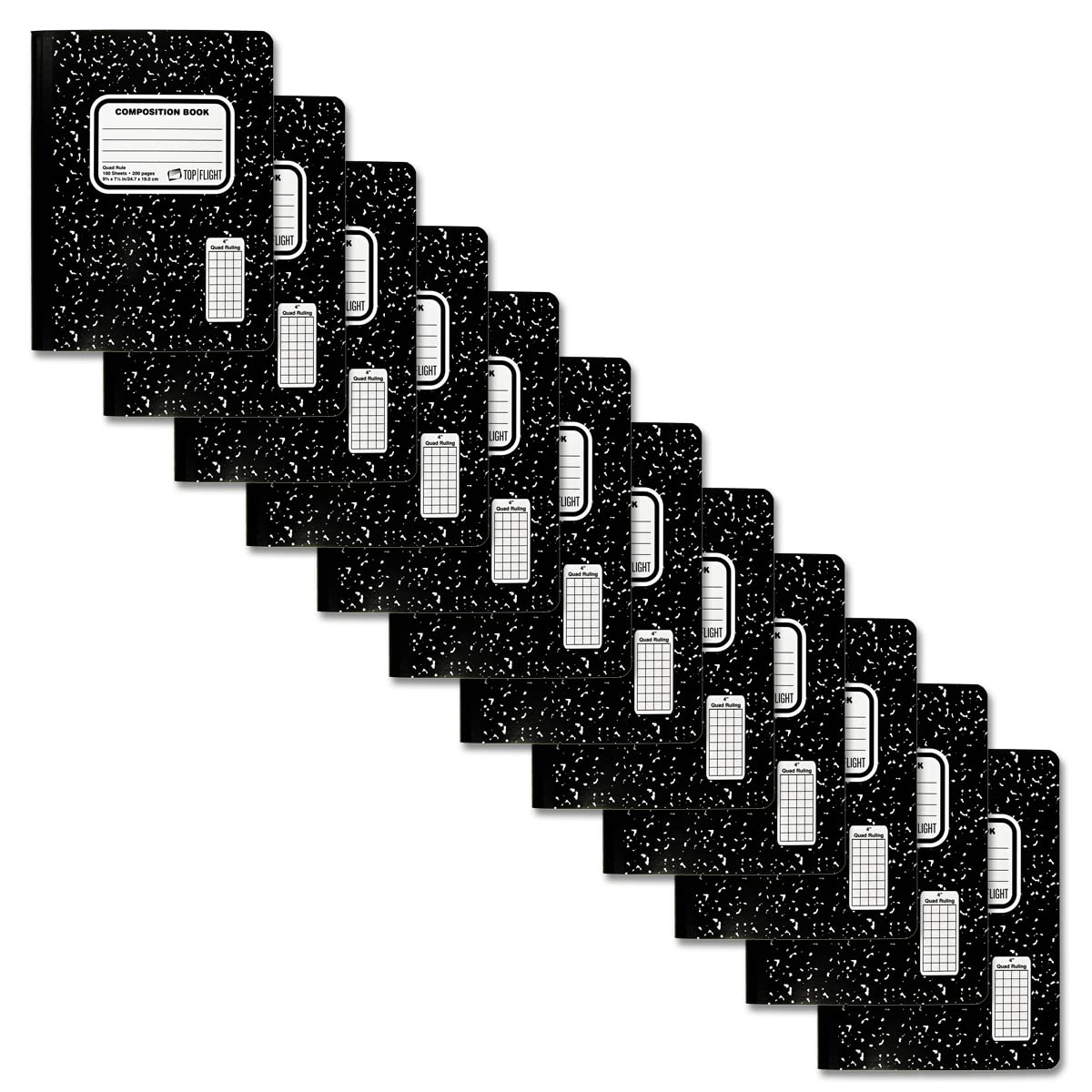 Top Flight Sewn Marble Composition Book, Black/White, Quad Rule, 4 Squares Per Inch, 9.75 X 7.5 Inches, 100 Sheets, Pack Of 12 (