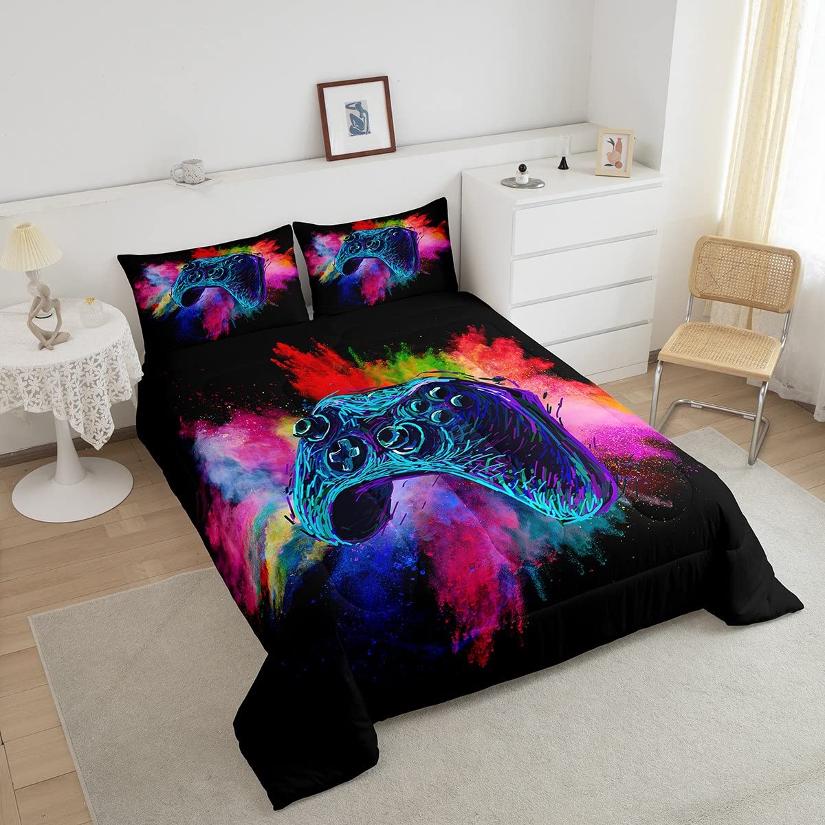 Kids Gamer Twin Size Comforter Set For Boys Teen Gaming Bedding Sets Video Game Room Deocr Girls Colorful Tie Dye Bed Set Navy B