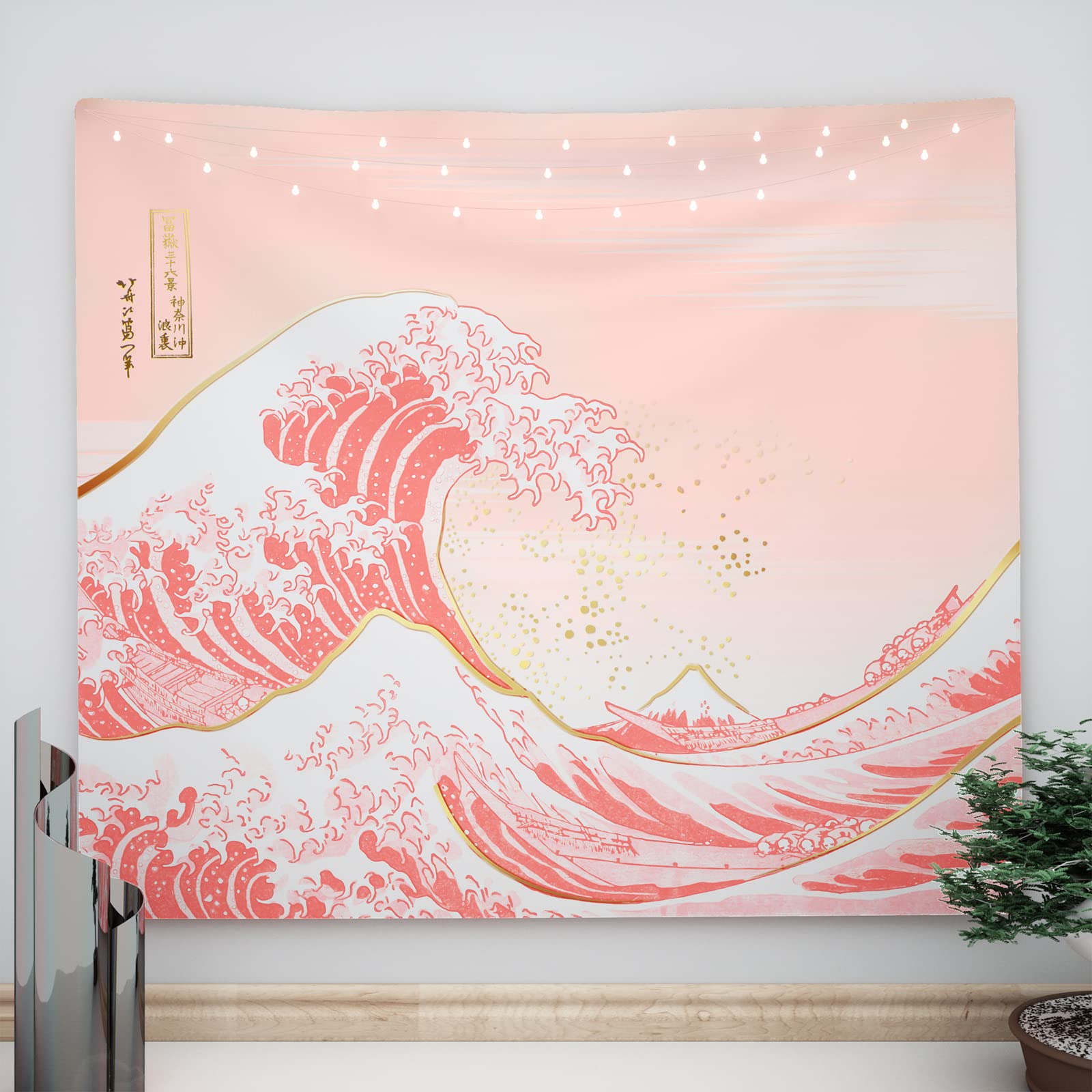 Ovenbird Wave Tapestry Pastel Pink and Gold, Japanese Tapestry for Bedroom Aesthetic, Cute Large Tapestry Wall Hanging, Light Pi