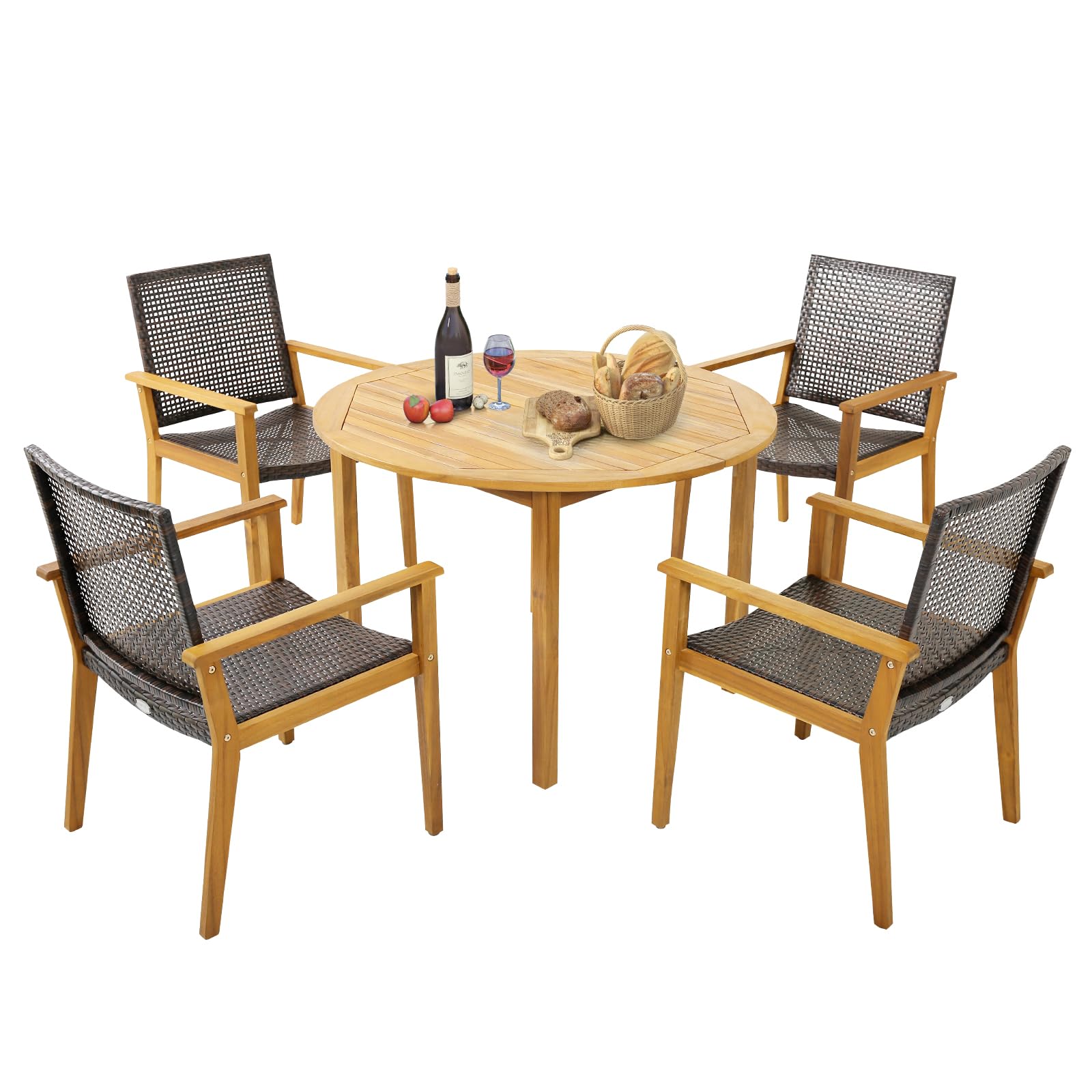 Tangkula 5 Pieces Patio Dining Set, 4 Patio Wicker Armchairs and Round Acacia Wood Dining Table, Outdoor Table and Chairs Set fo