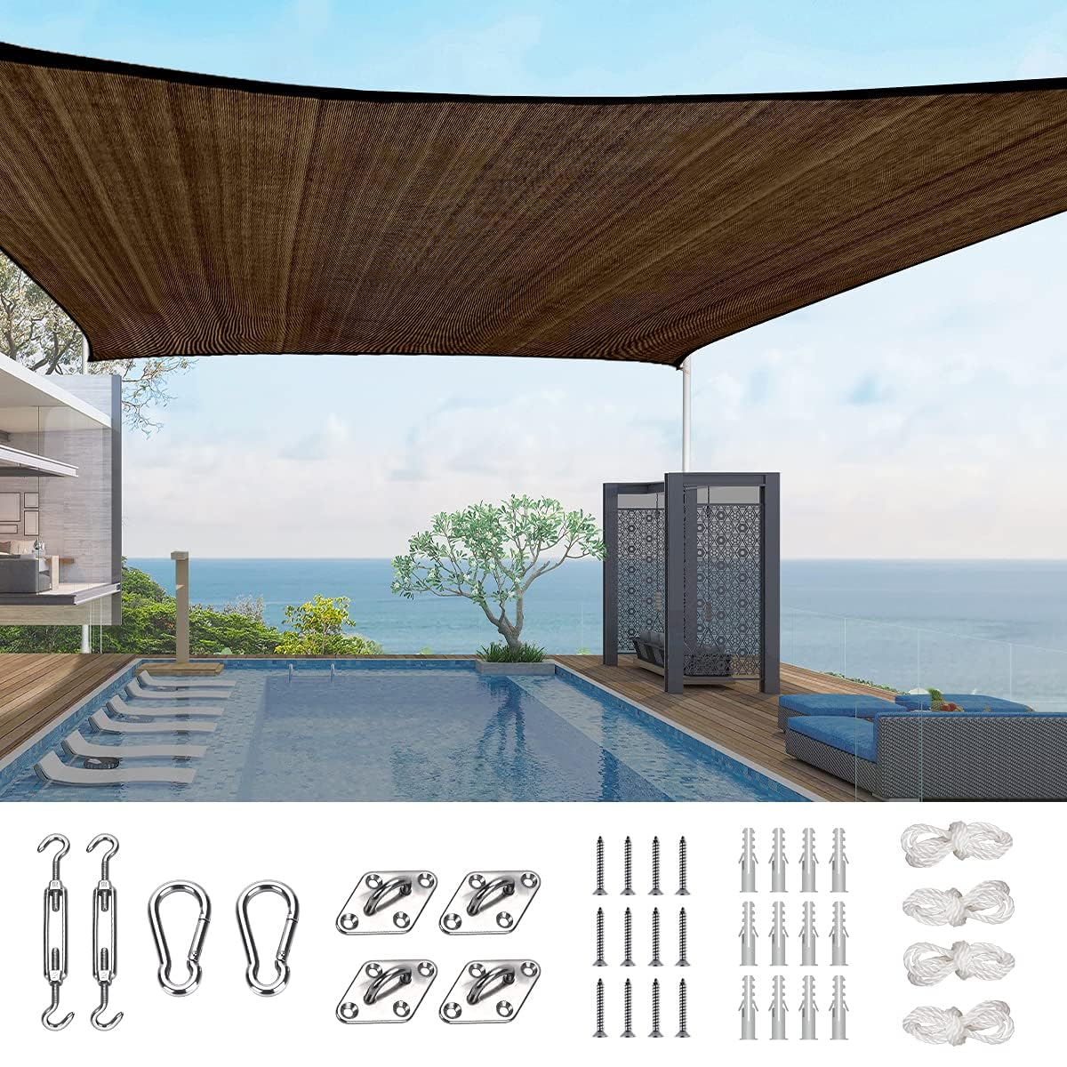 Quictent 20X16Ft 185G Hdpe Rectangle Sun Shade Sail Canopy 98% Uv Block Outdoor Patio Garden With Hardware Kit (Brown)