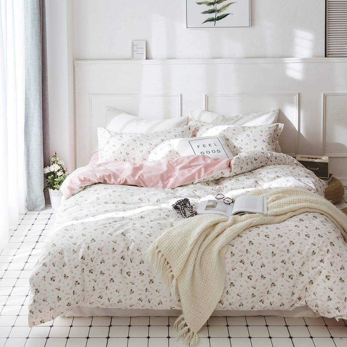 Highbuy Boho Floral Duvet Cover King Pink White Floral Cotton Coquette Bedding Comforter Covers King Lightweight Soft For Girl G