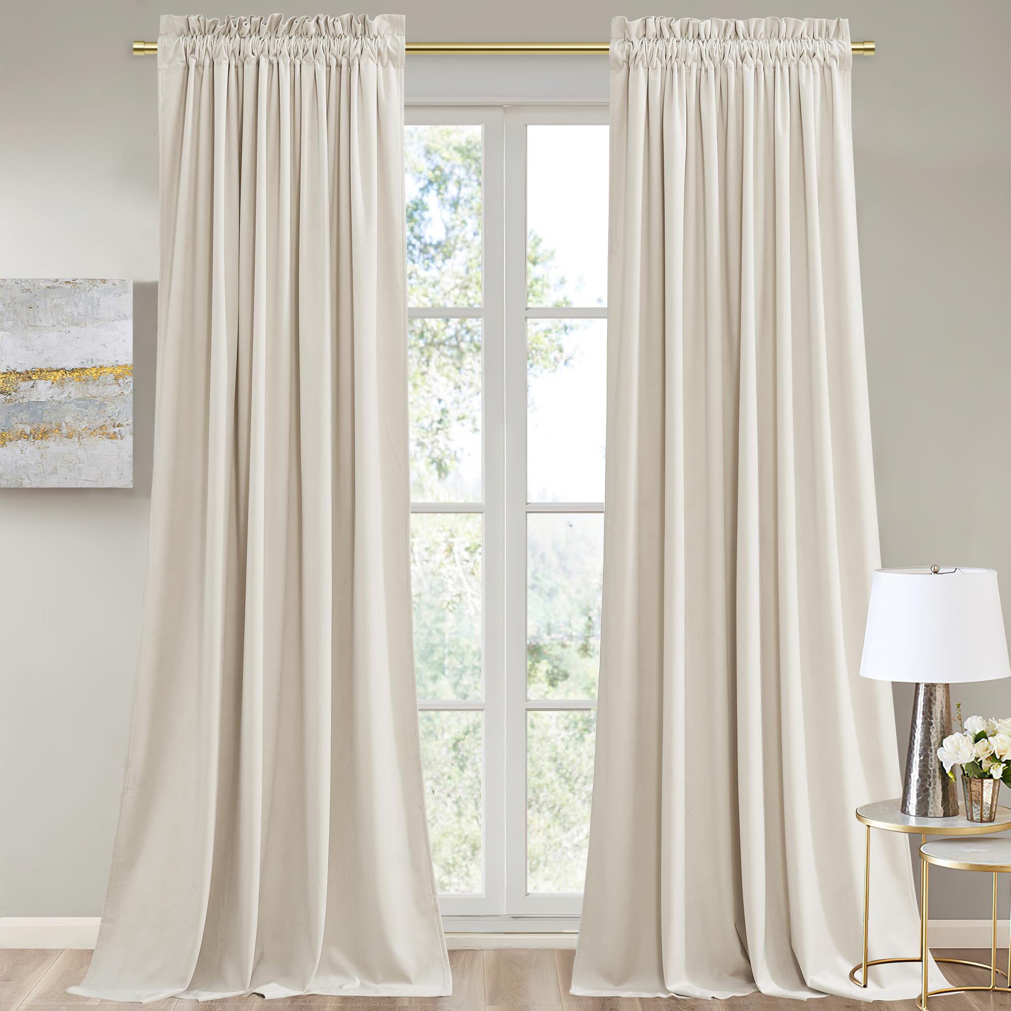 Stangh 102 Inches Beige Velvet Curtains Luxury Rod Pocket Decor For Living Room, Thermal Insulated Window Drapes Soundproof Ligh