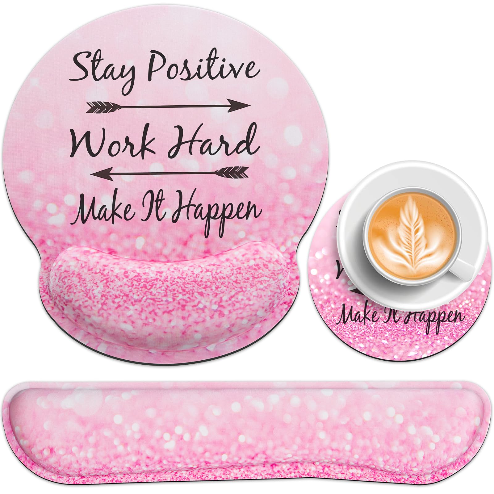 Qomalama 3-In-1 Mouse Pad With Wrist Rest Set,Wrist Support Mouse Pad+Keyboard Gel Wrist Rest+Cup Pad,Ergonomic Mouse Pad,Reliev