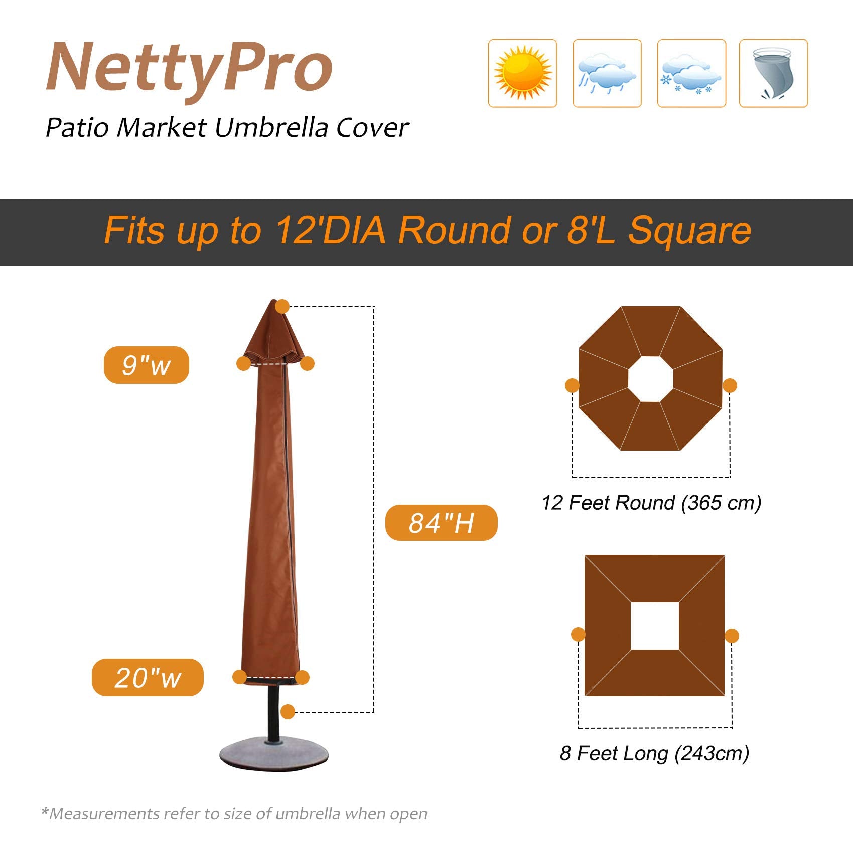Nettypro Umbrella Cover Outdoor Patio Waterproof Market Umbrella Cover Up To 12 Feet Outdoor Umbrella, Brown