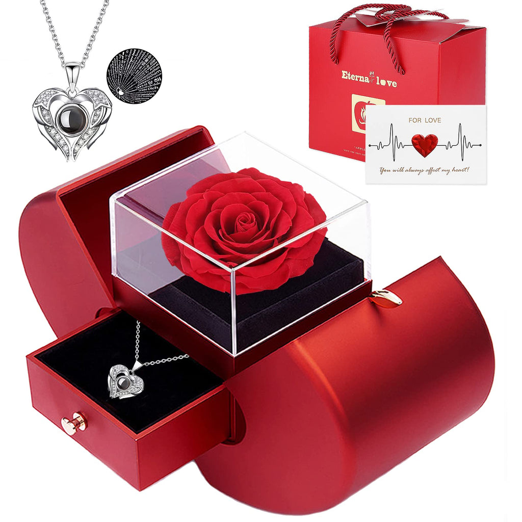 Preserved Real Rose with I love you Necklace 100 Languages, Gifts for Girlfriend, Women, Mom, Wife, Gifts Idea on Christmas, Val