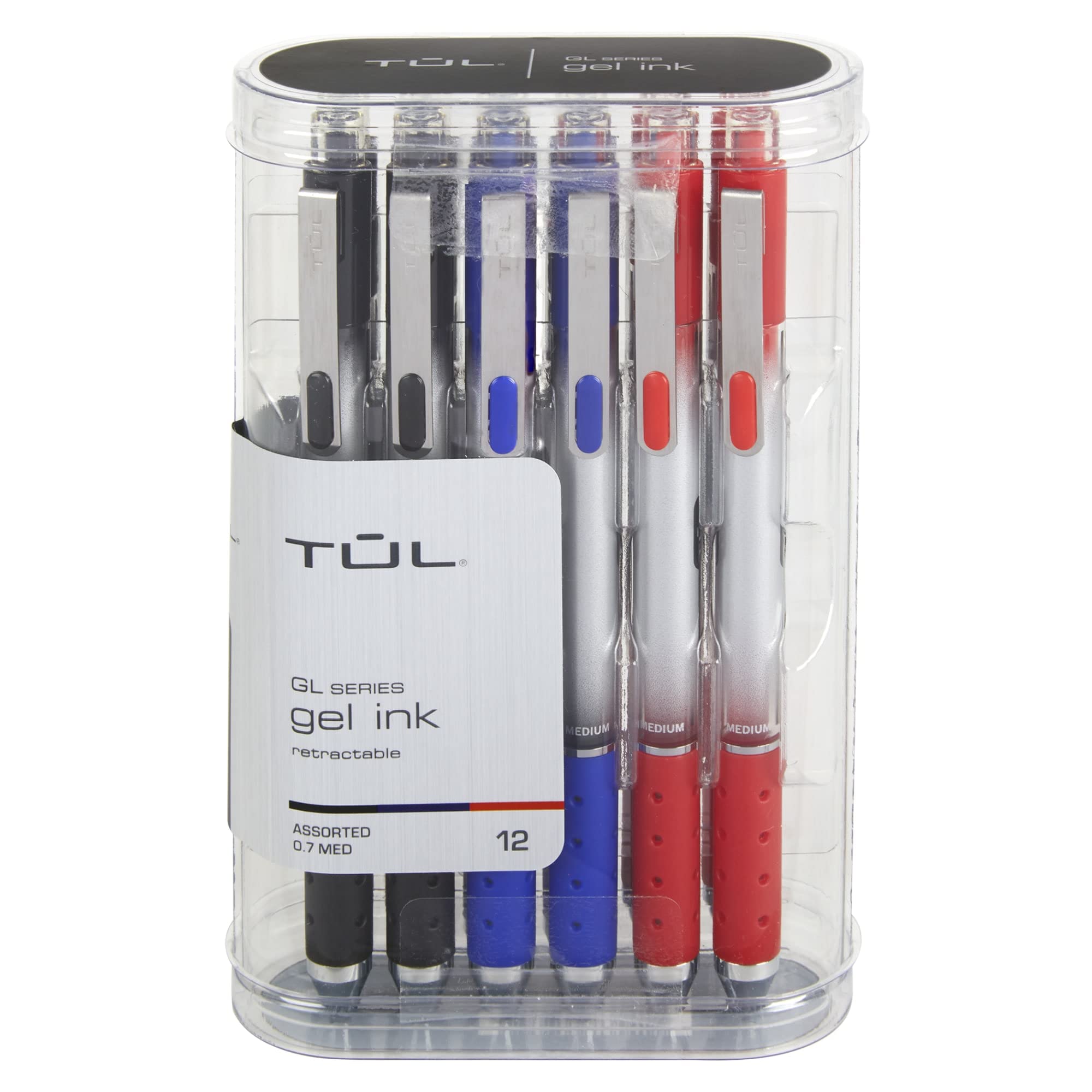 Tul Gl Series Retractable Gel Pens, Medium Point, 0.7 Mm, Silver Barrel, Assorted Business Inks, Pack Of 12 Pens
