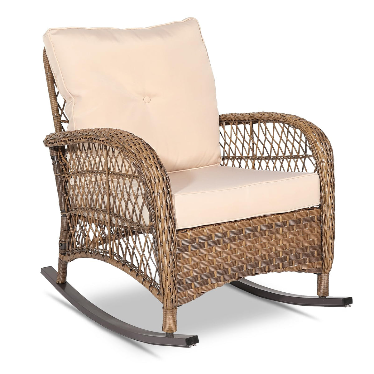 Vivijason Outdoor Wicker Rocking Chair, Patio Rattan Rocker Chair With Cushions & Steel Frame, All-Weather Rocking Lawn Wicker Furniture For Garden Backyard Porch (Beige)