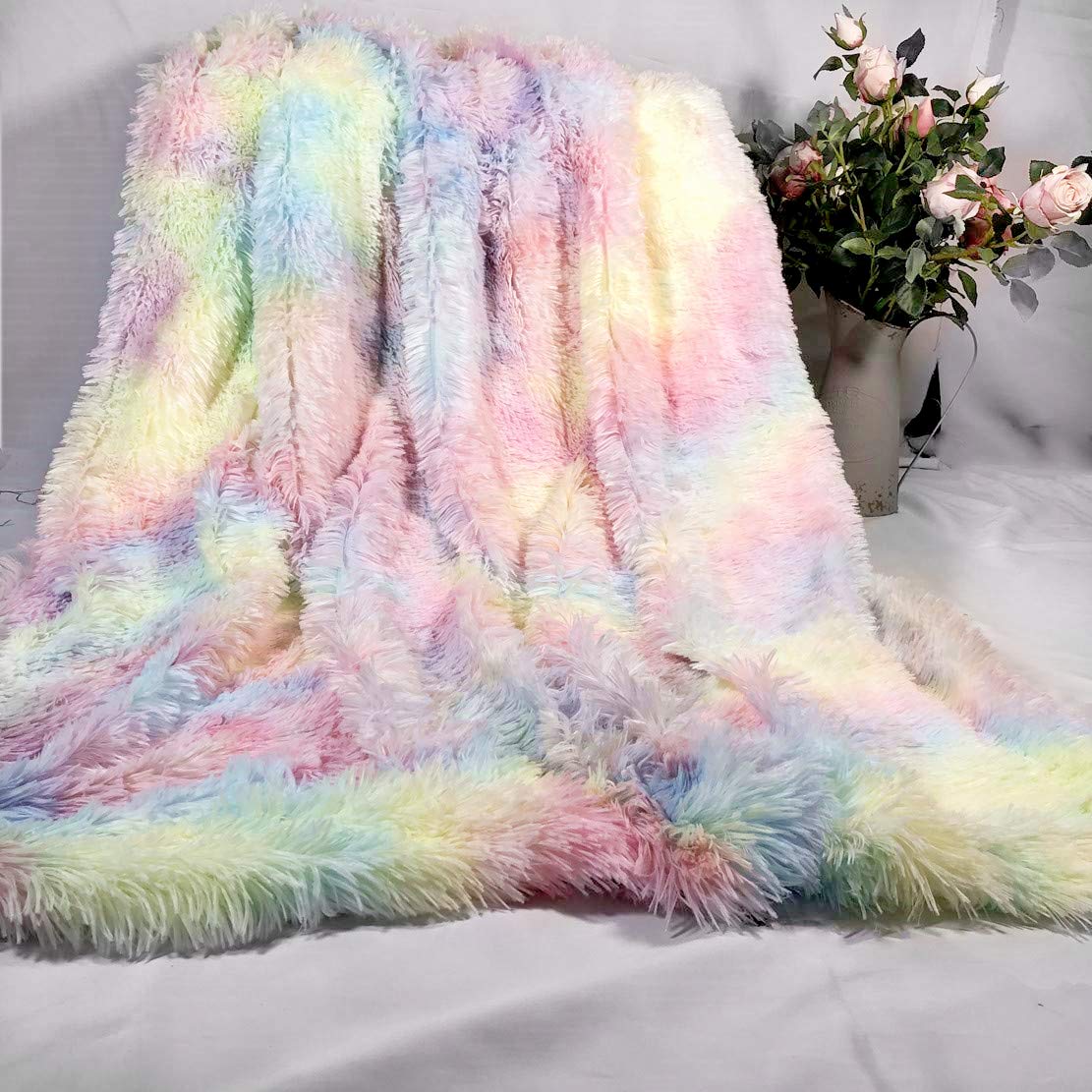 Plush Super Soft Blanket Colorful Bedding Sofa Cover Furry Fuzzy Fur Warm Throw Cozy Couch Blanket For Winter (51'X63', Rainbo