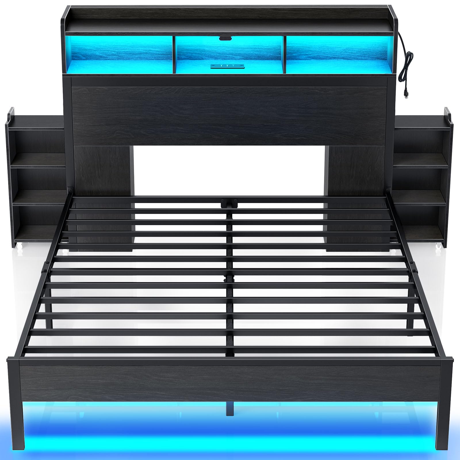 Rolanstar Bed Frame Queen Size with Bookcase Storage Headboard, Slide Out Bedside Storage, Bed with Charging Station & LED Light