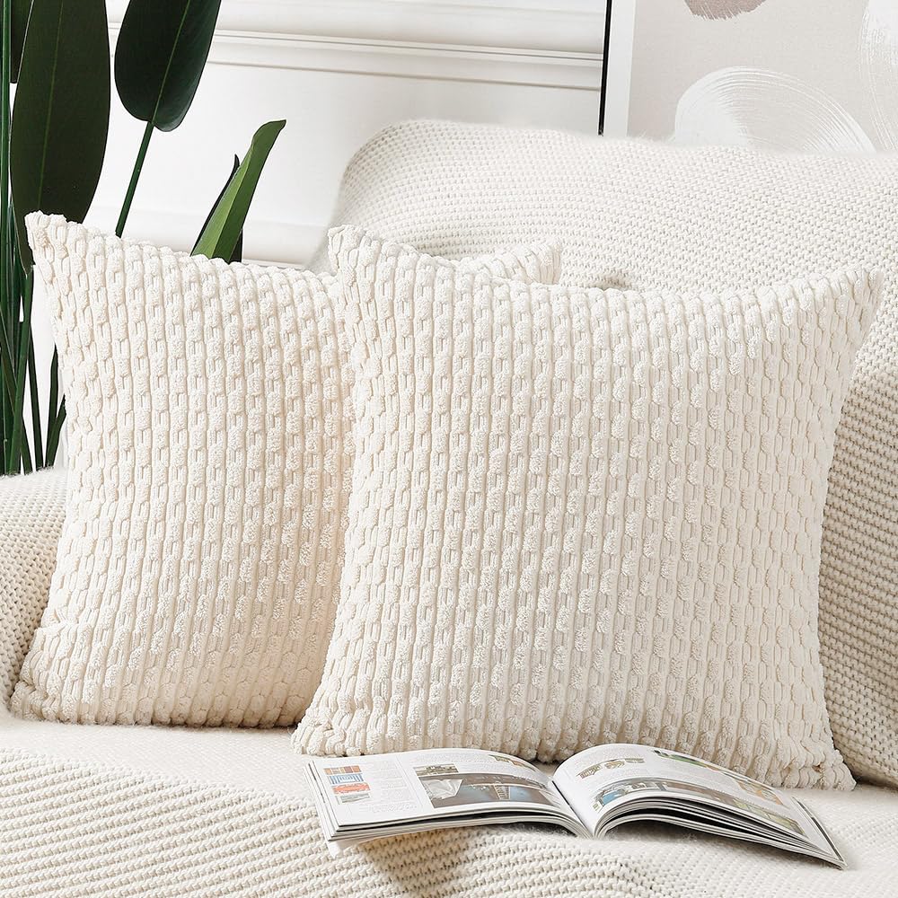 Madizz Pack Of 2 Boho Corduroy Striped Throw Pillow Covers 16X16 Inch Cream White Soft Decorative Cushion Cover For Bedroom Sofa