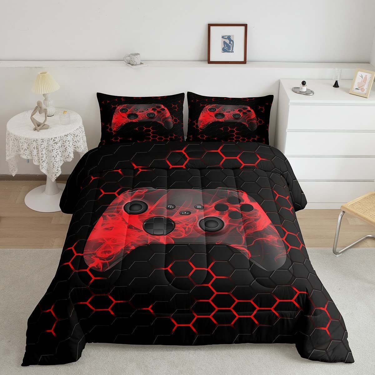 Erosebridal Gamer Bedding Set For Boys Teens Geometric Honeycomb Hexagon Comforter Set Kids Modern Gaming Reversible Down Comfor