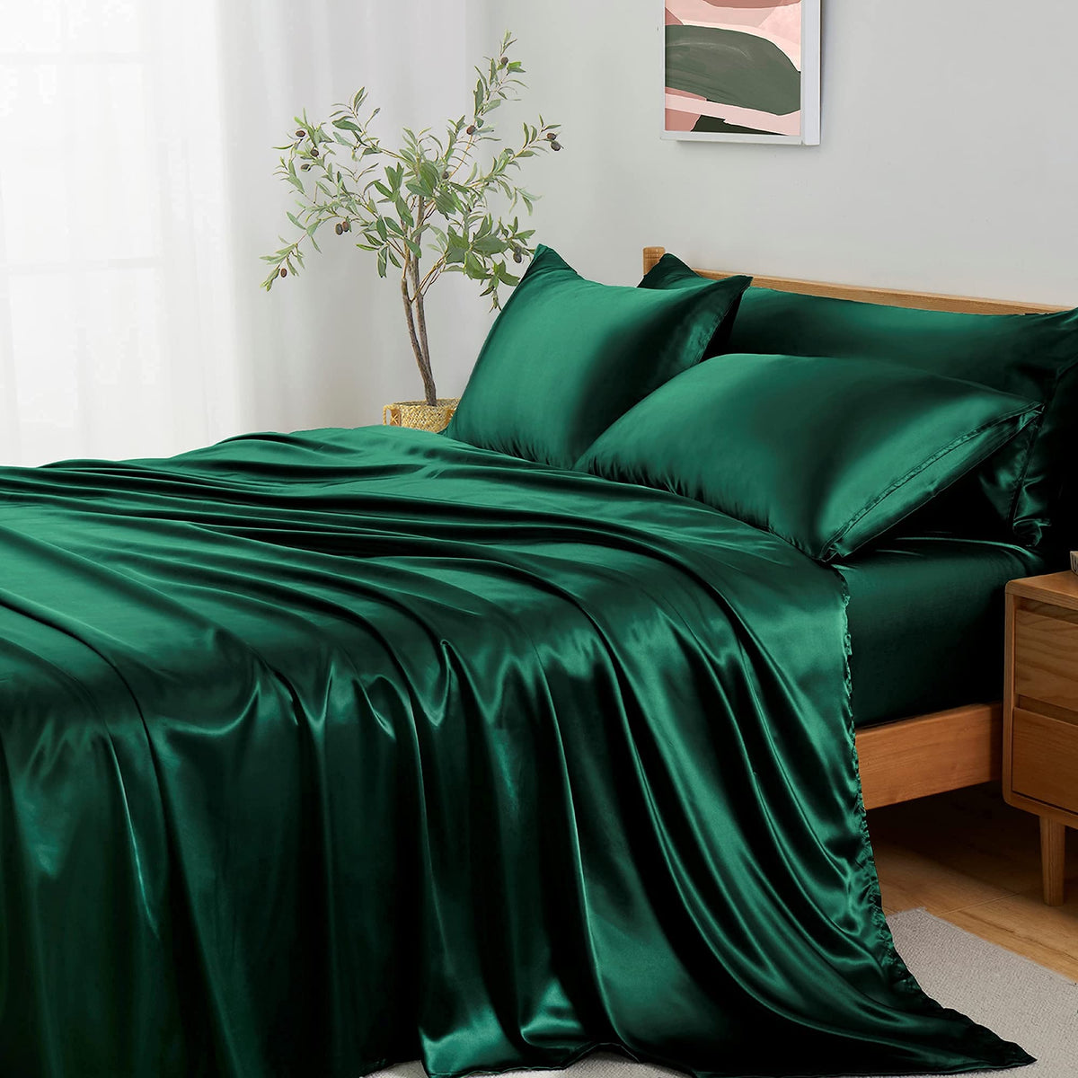 Entisn 5Pcs Silky Satin Queen Size Bed Blackish Green Luxury Bedding Sets, Breathable & Ultra Soft Sheets Set Includes 1 Fitted