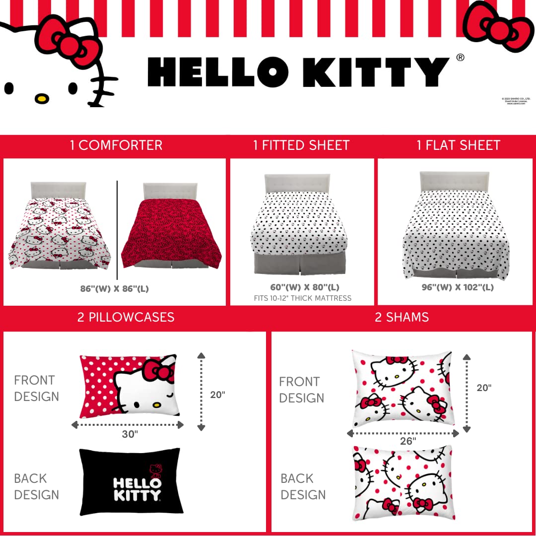 Franco Sanrio Hello Kitty Polka Dot Bedding 7 Piece Super Soft Comforter And Sheet Set With Sham, Queen, (100% Official Licensed