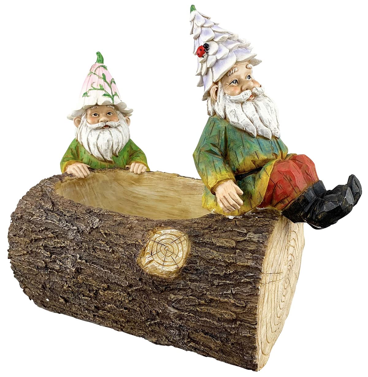 Red Carpet Studios 20514 Hand-Painted Resin And Stone Sculpted Gnome Planter, 4.5' Deep, Gnomes On A Log