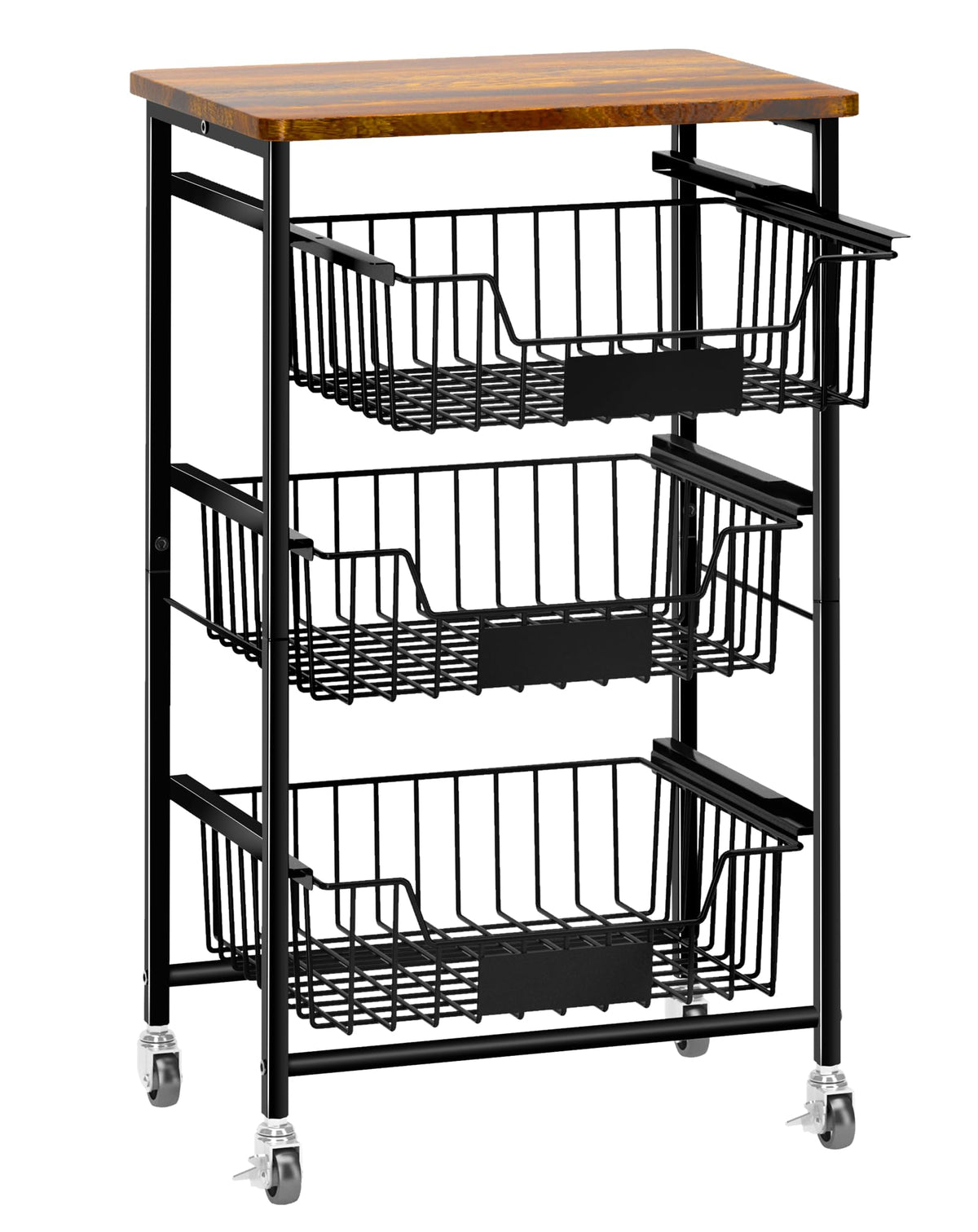 OKZEST 4-Tier Small Kitchen Storage Cart on Wheels, Metal Fruit Basket Stand with Pull-Out Baskets & Wood Top for Potato Onion P