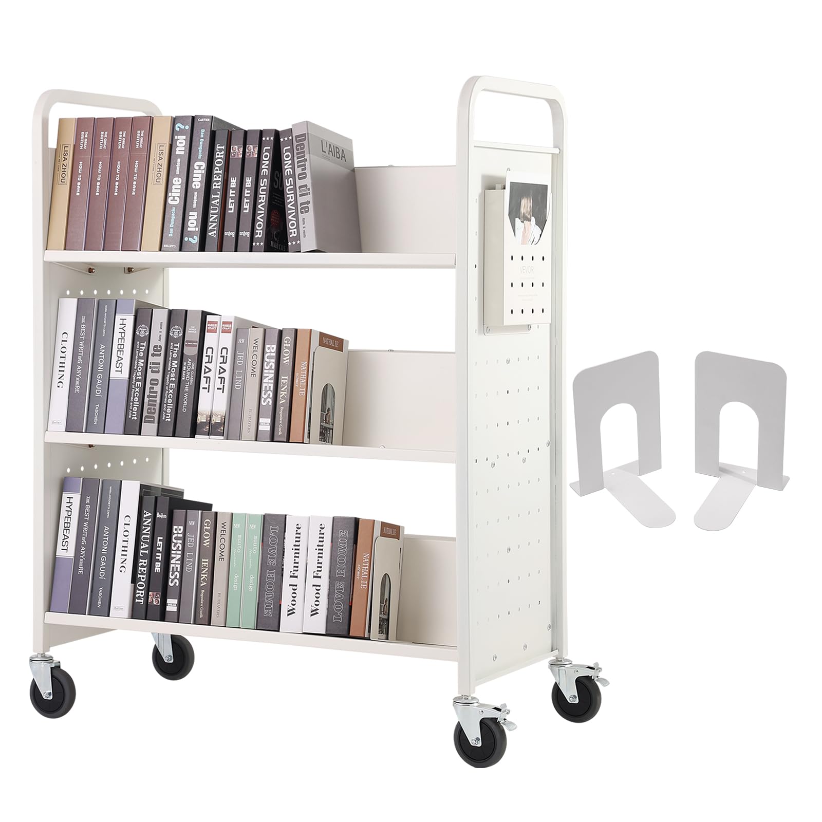 VEVOR Book Cart, 330 lbs Library Cart, 39.4'' x 20.1'' x 49.2'' Rolling Book Cart, Double Sided W-Shaped Sloped Shelves with 4-I