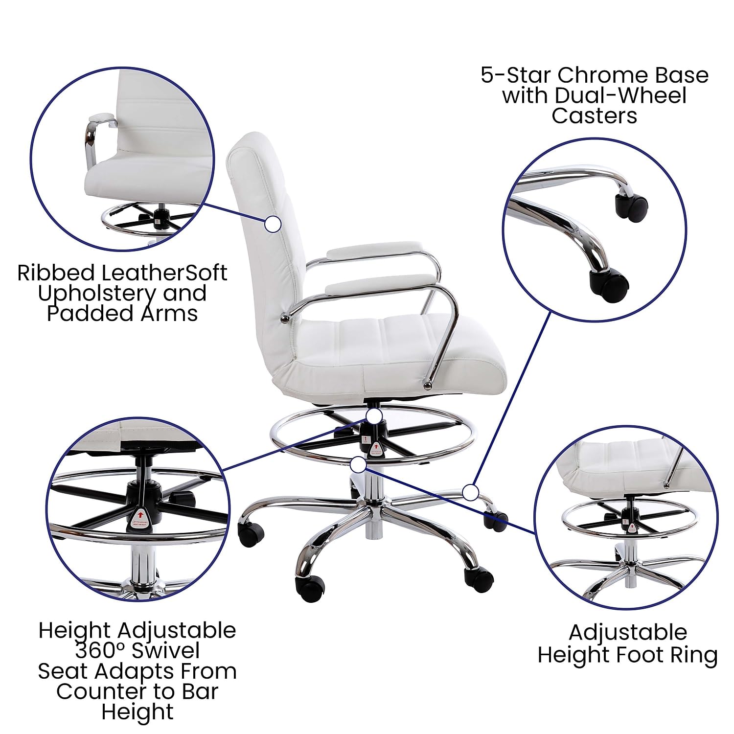 Flash Furniture Whitney Mid-Back Swivel LeatherSoft Drafting Chair with Padded Seat, Armrests, and Foot Ring, Adjustable Office Chair, White/Chrome