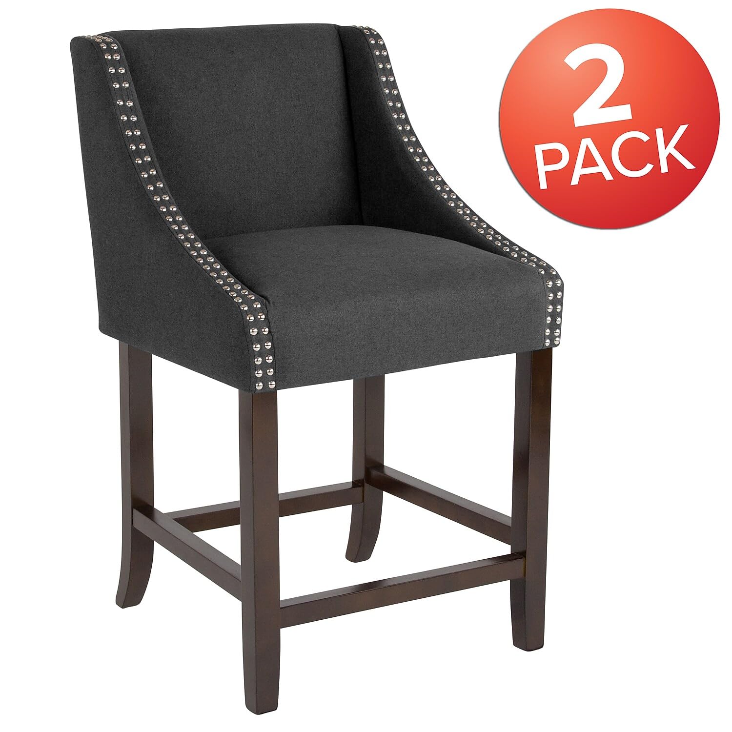 Flash Furniture Carmel Series 24&quot; High Transitional Walnut Counter Height Stool With Nail Trim In Charcoal Fabric, Set Of 2