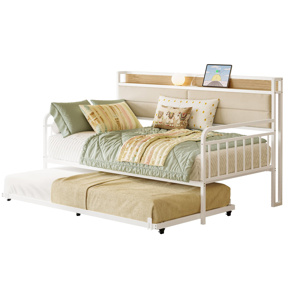 Likimio Daybed With Trundle, Sturdy Metal Twin Bed Frame With Upholstered Headboard And Charging Station For Living Room, Bedroom And Guest Room, White