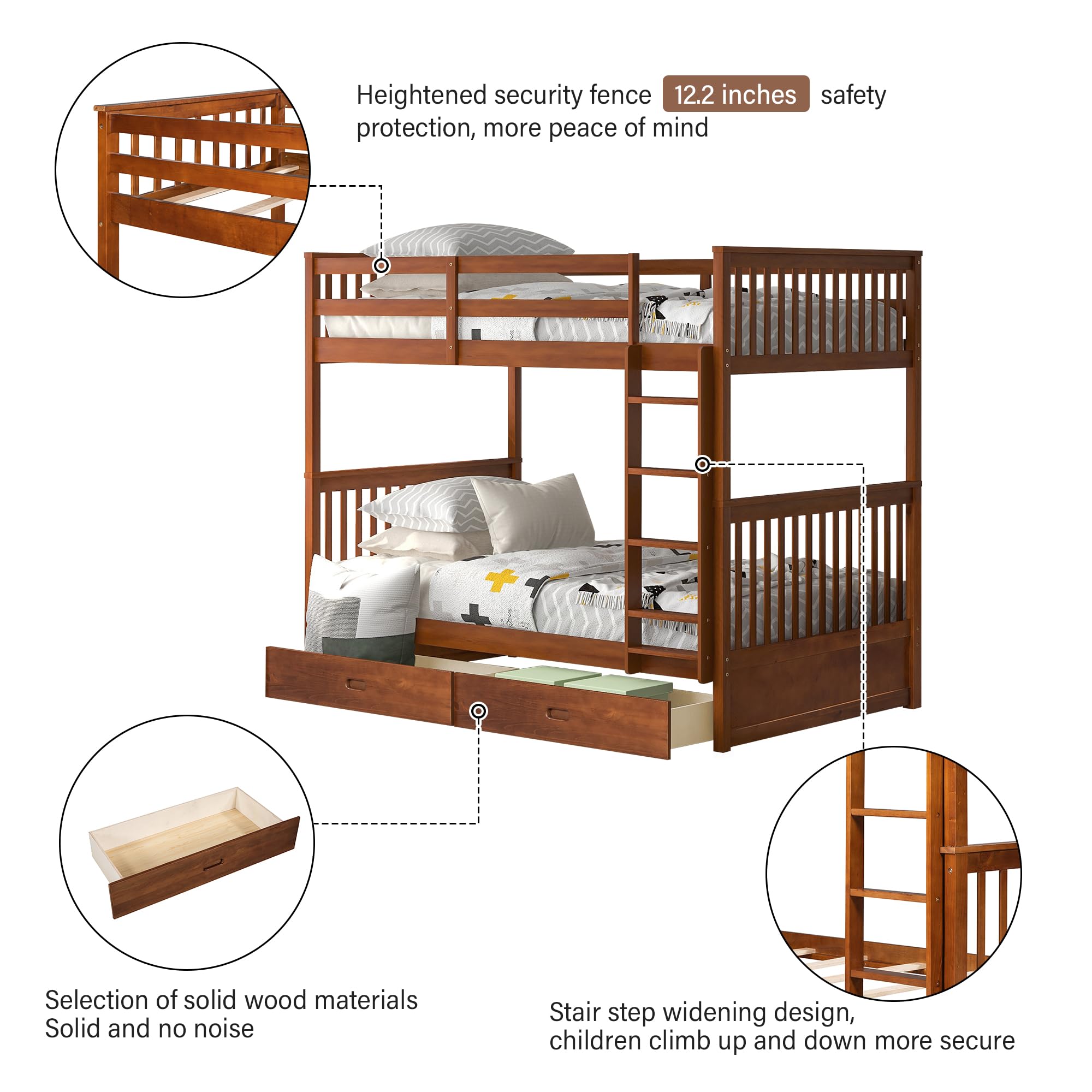 Merax Wood Bunk Bed With Drawers, Twin Over Twin Size Convertible Wood Bunk Bed With Ladders And Two Storage Drawers,Solid Wood Detachable Bunk Bed Frame With Ladders, Walnut