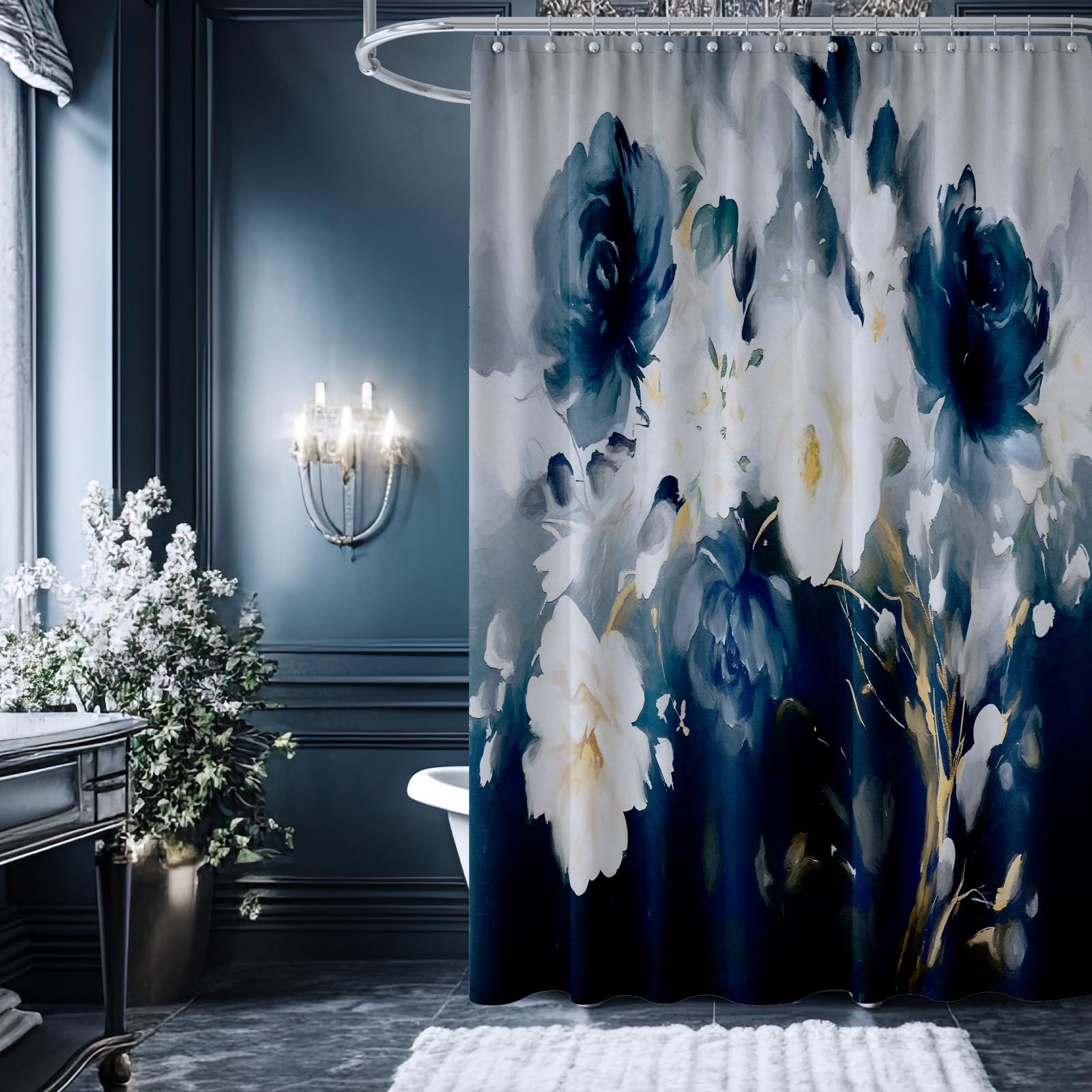 Yaehoco Abstract Blue Flower Shower Curtain, Pretty Floral Painting Printed Shower Curtain Waterproof Fabric Modern Bathroom Art